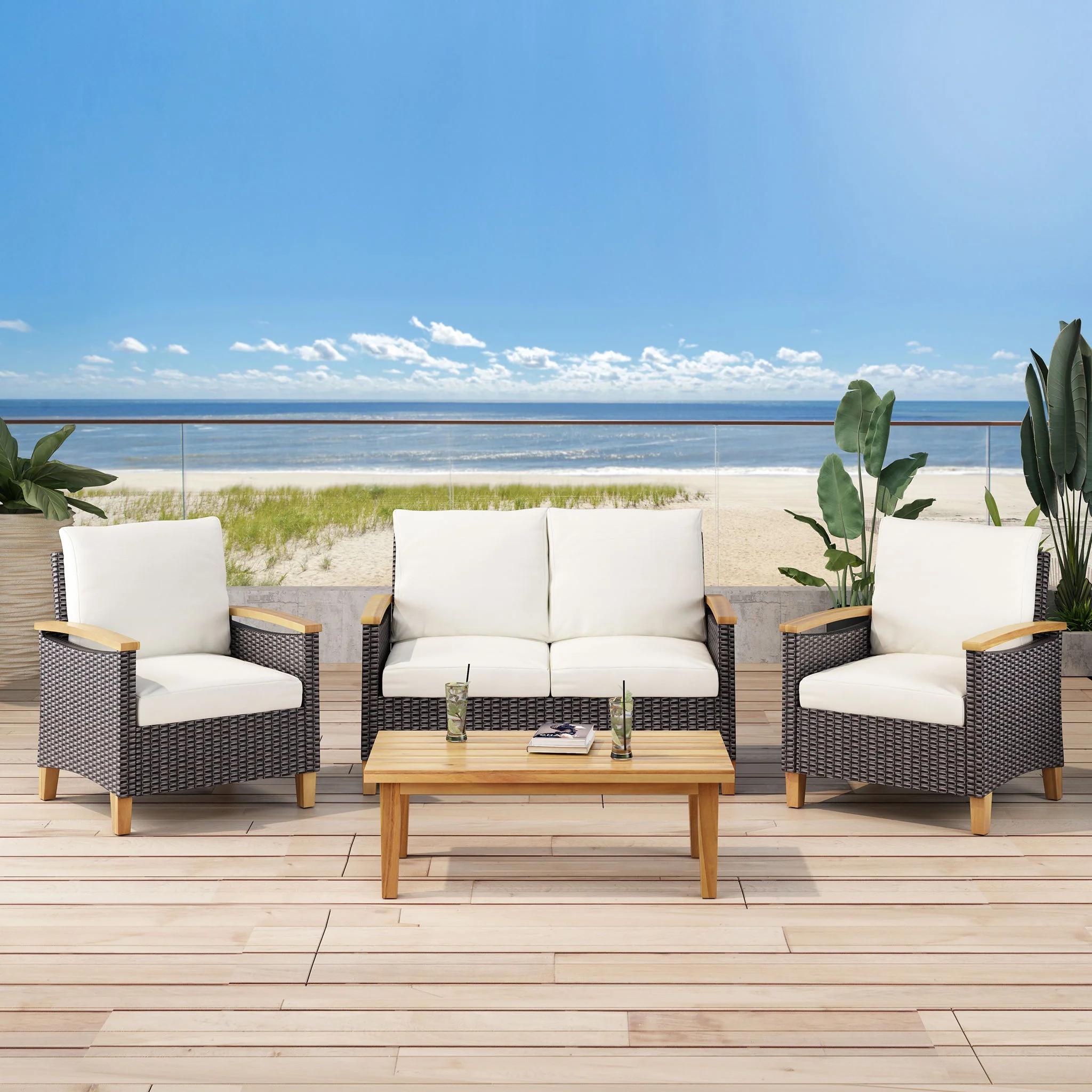Isla - Transitional Chat Set With Water Resistant Cushions - Teak - Image 3