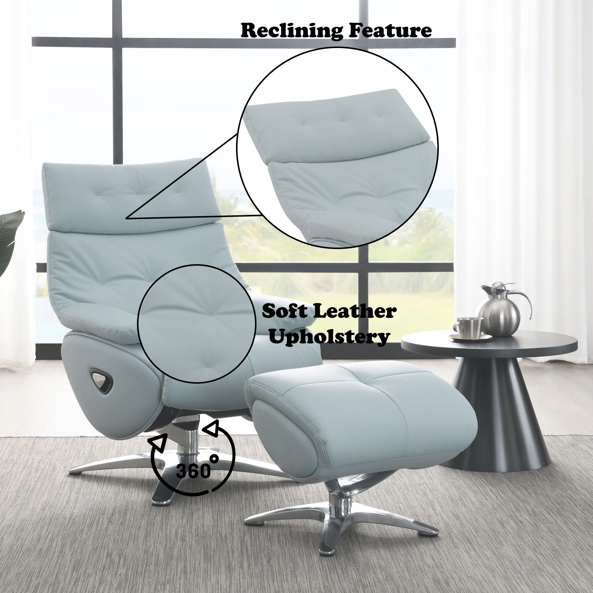 Janella - Top Grain Leather Accent Chair With Swivel & Ottoman - Baby Blue - Image 4