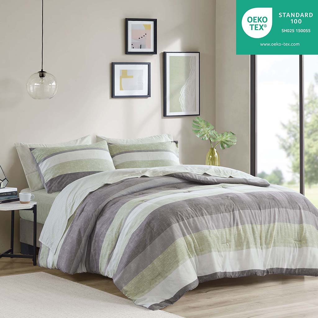 Jaxon - 7 Piece Queen Stripe Comforter Set With Bed Sheets - Green / Gray - Image 3