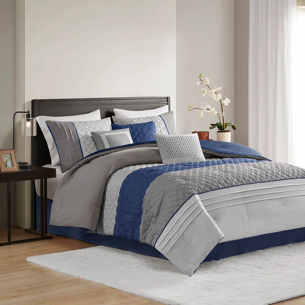 Greer - 7 Piece Color Block Stripe Comforter Set With Throw Pillows - Blue