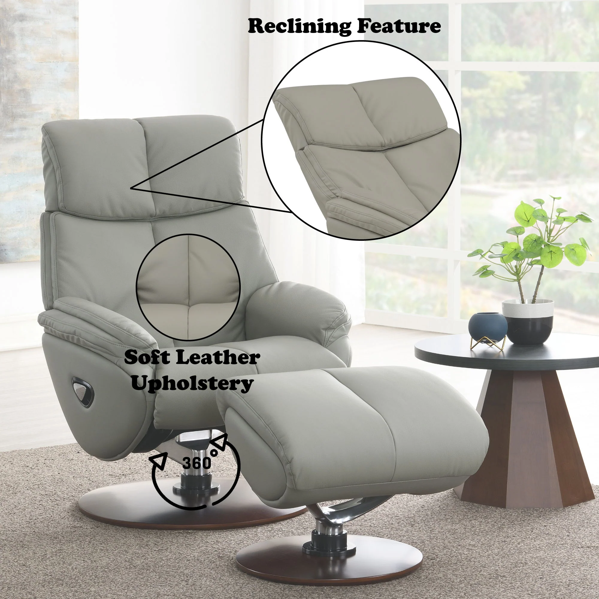 Kandoro - Top Grain Leather Accent Chair With Swivel & Ottoman - Gray - Image 4