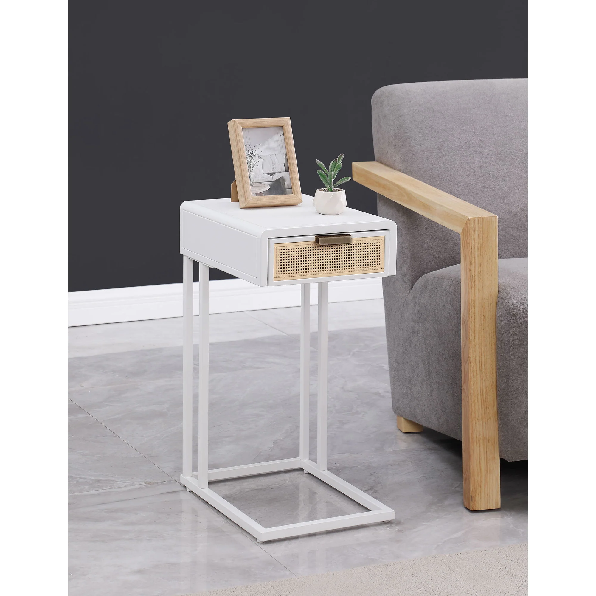 Kenneth - C Shape Side Table With Single Drawer - White - Image 3