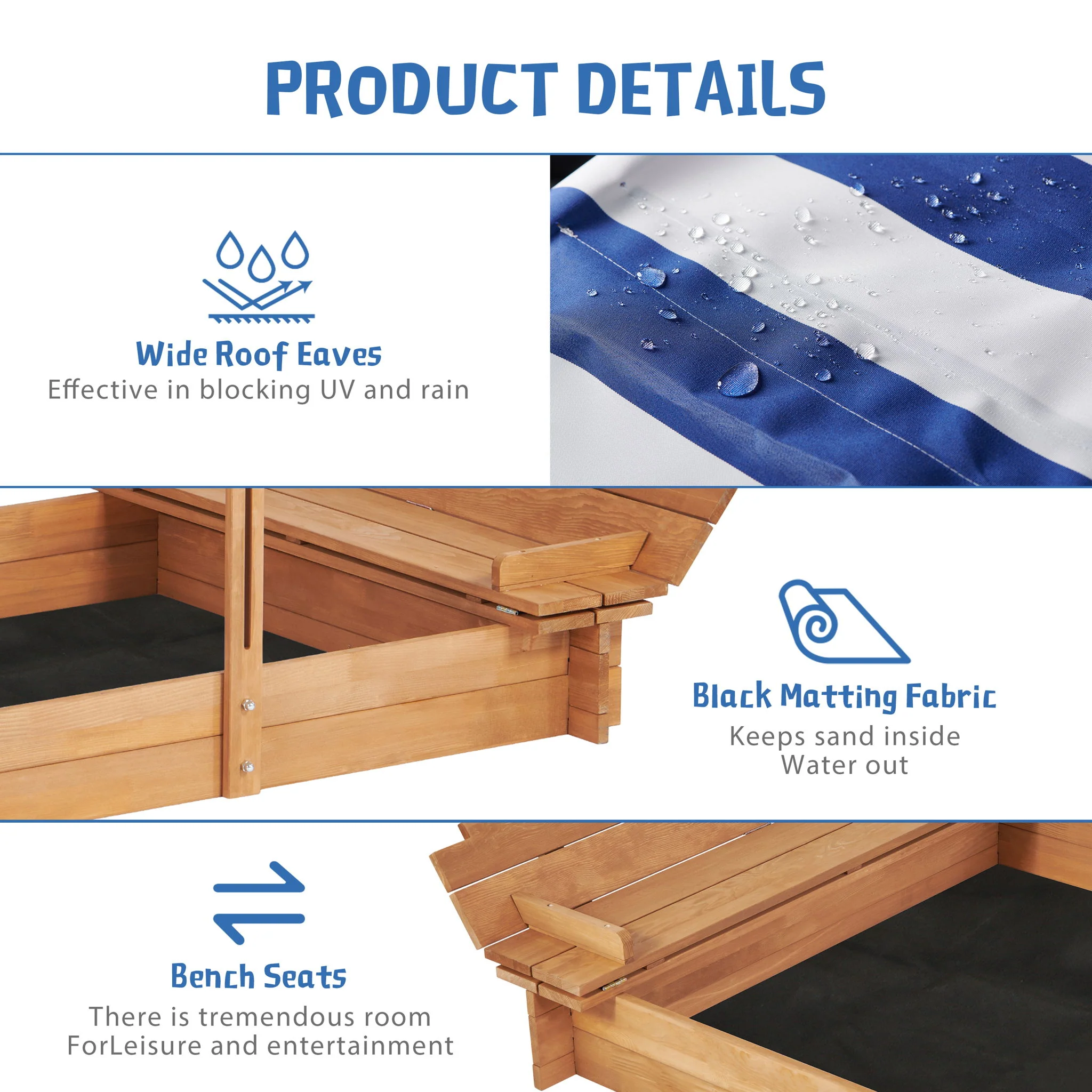 Kids Sandbox With Adjustable Cover, Sand Box With 2 Foldable Bench Seats, Outdoor Sandpit For Backyard Play - Light Brown - Image 2