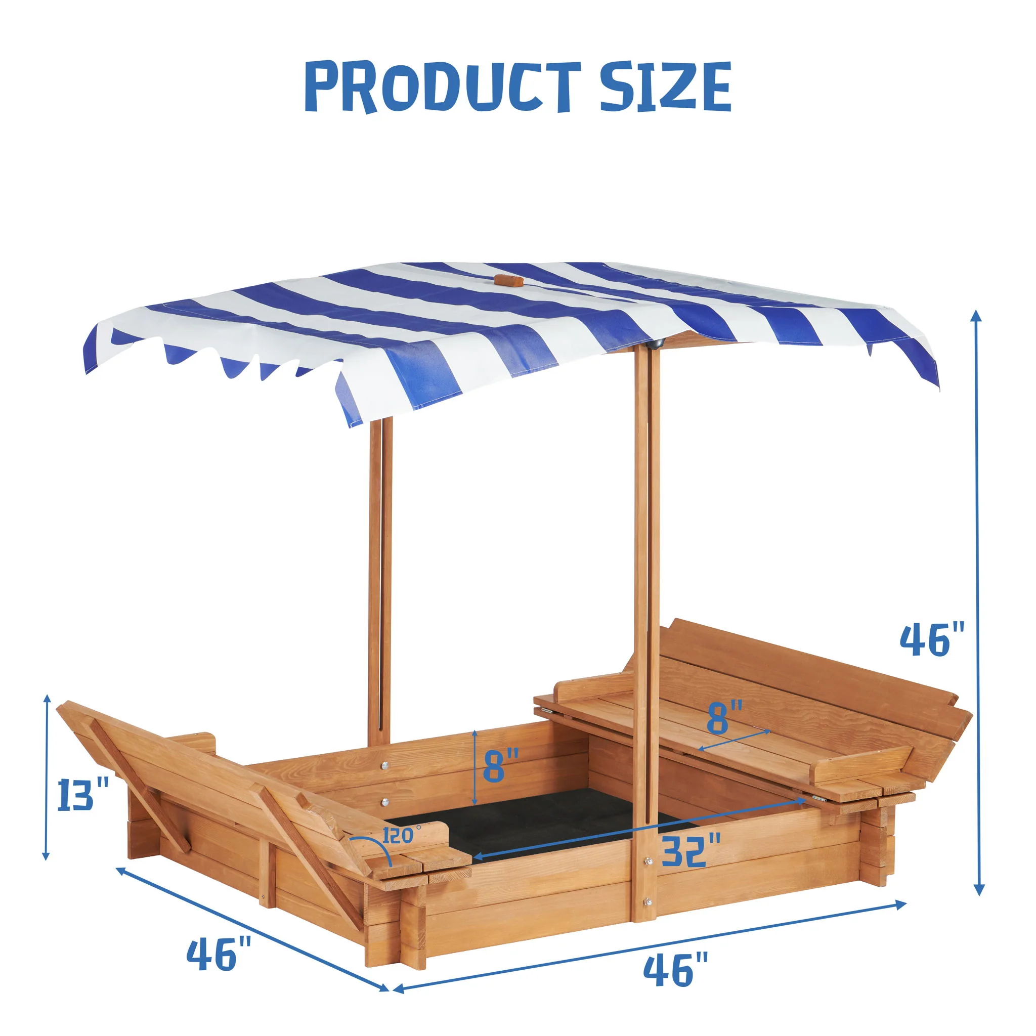 Kids Sandbox With Adjustable Cover, Sand Box With 2 Foldable Bench Seats, Outdoor Sandpit For Backyard Play - Light Brown - Image 4