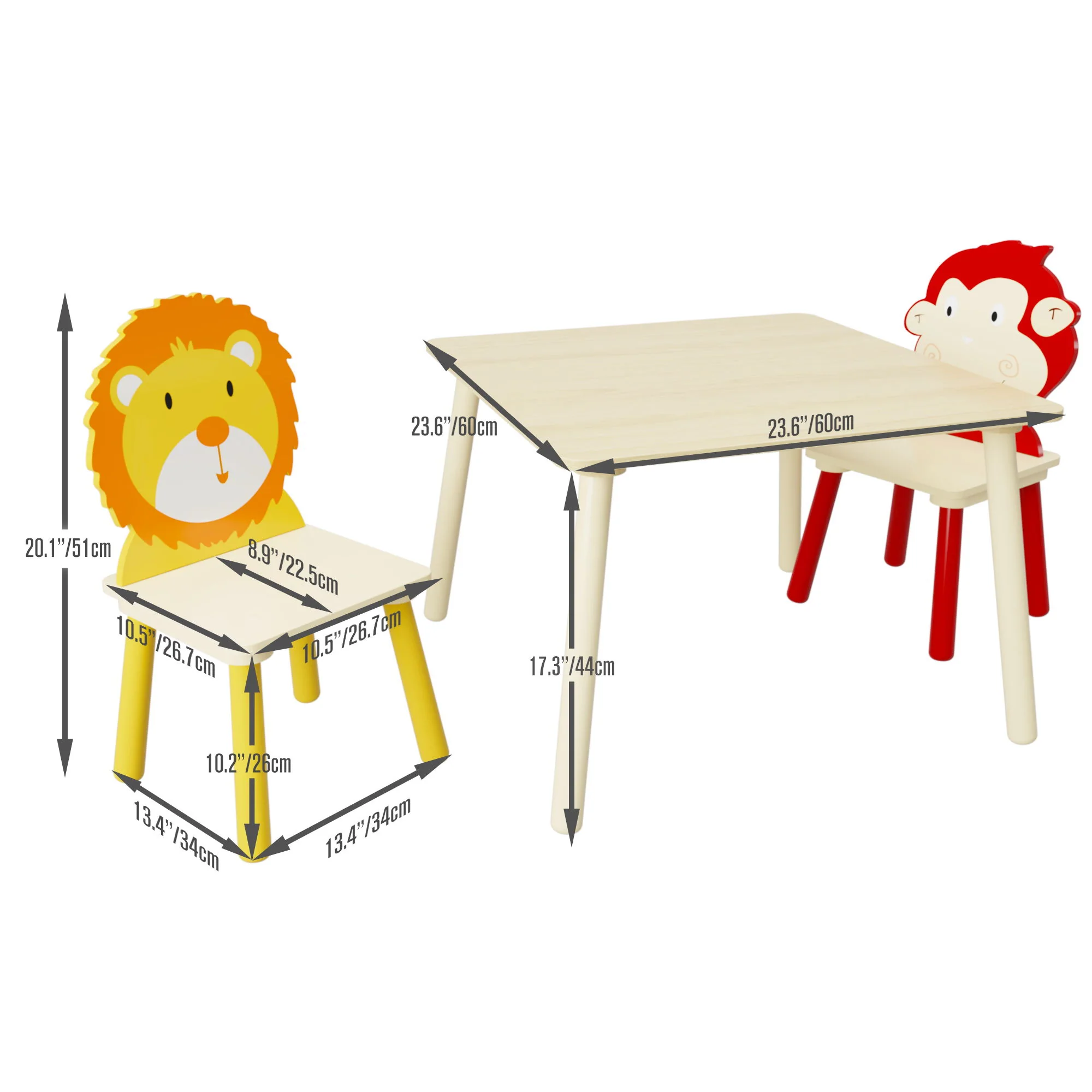 Kids Table And 2 Chairs Set, 3 Pieces Toddler Table And Chair Set, Wooden Activity Play Table Set (Lion&Monkey) - Natural - Image 3
