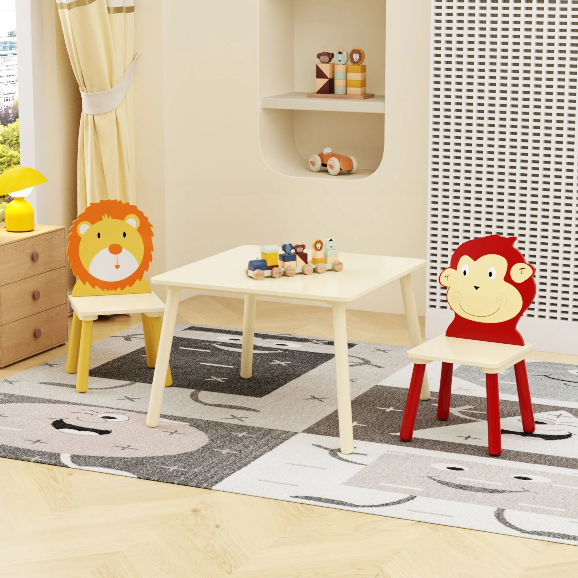 Kids Table And 2 Chairs Set, 3 Pieces Toddler Table And Chair Set, Wooden Activity Play Table Set (Lion&Monkey) - Natural - Image 4