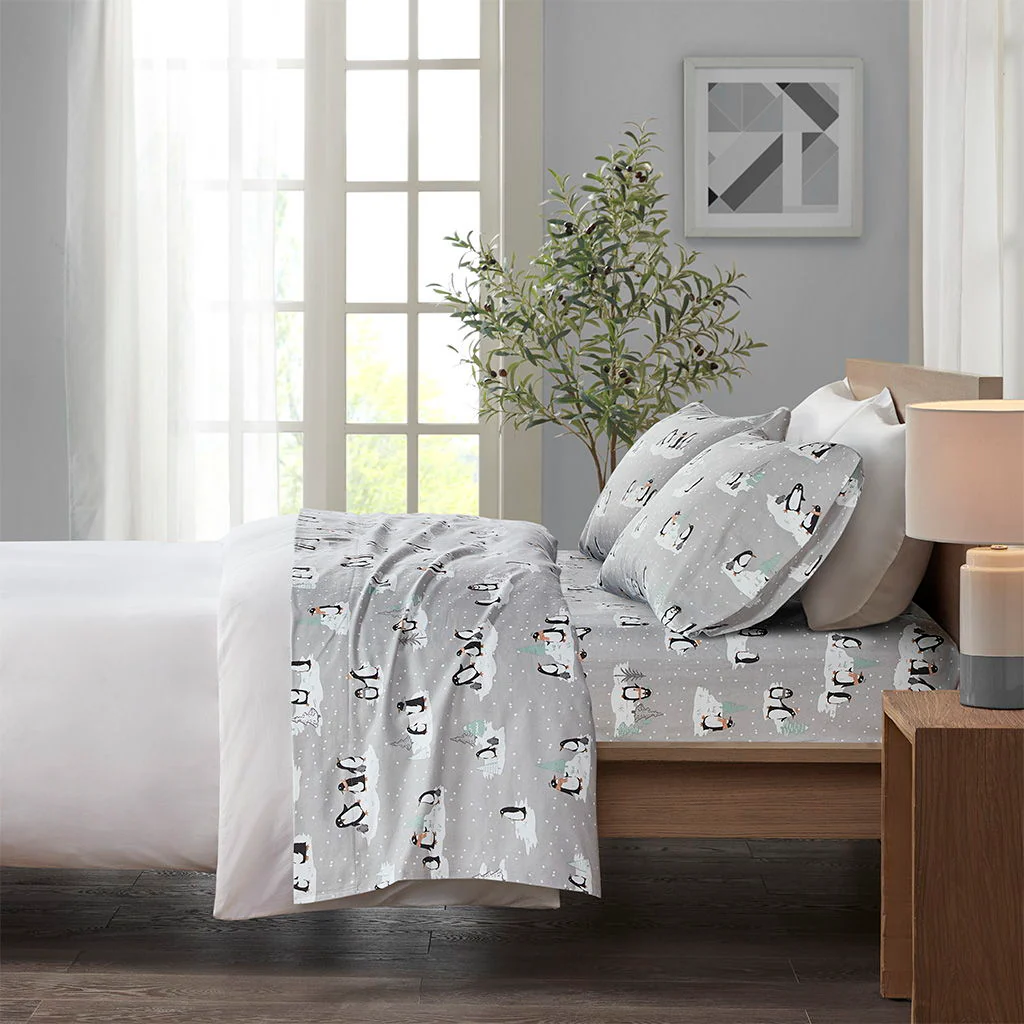 Cozy Flannel - King Printed Sheet Set - Gray Penguins