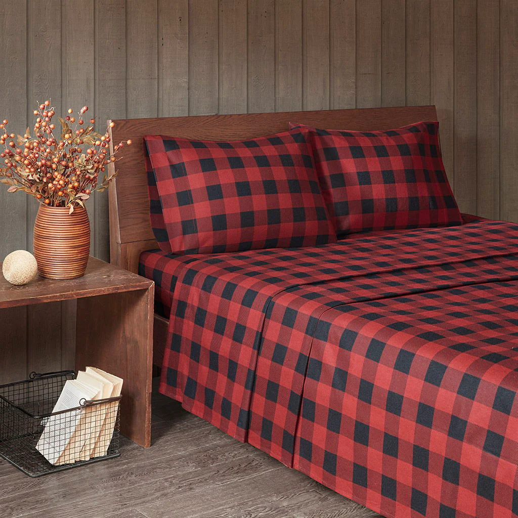 Flannel - King Sheet Set - Red / Black Buffalo Check