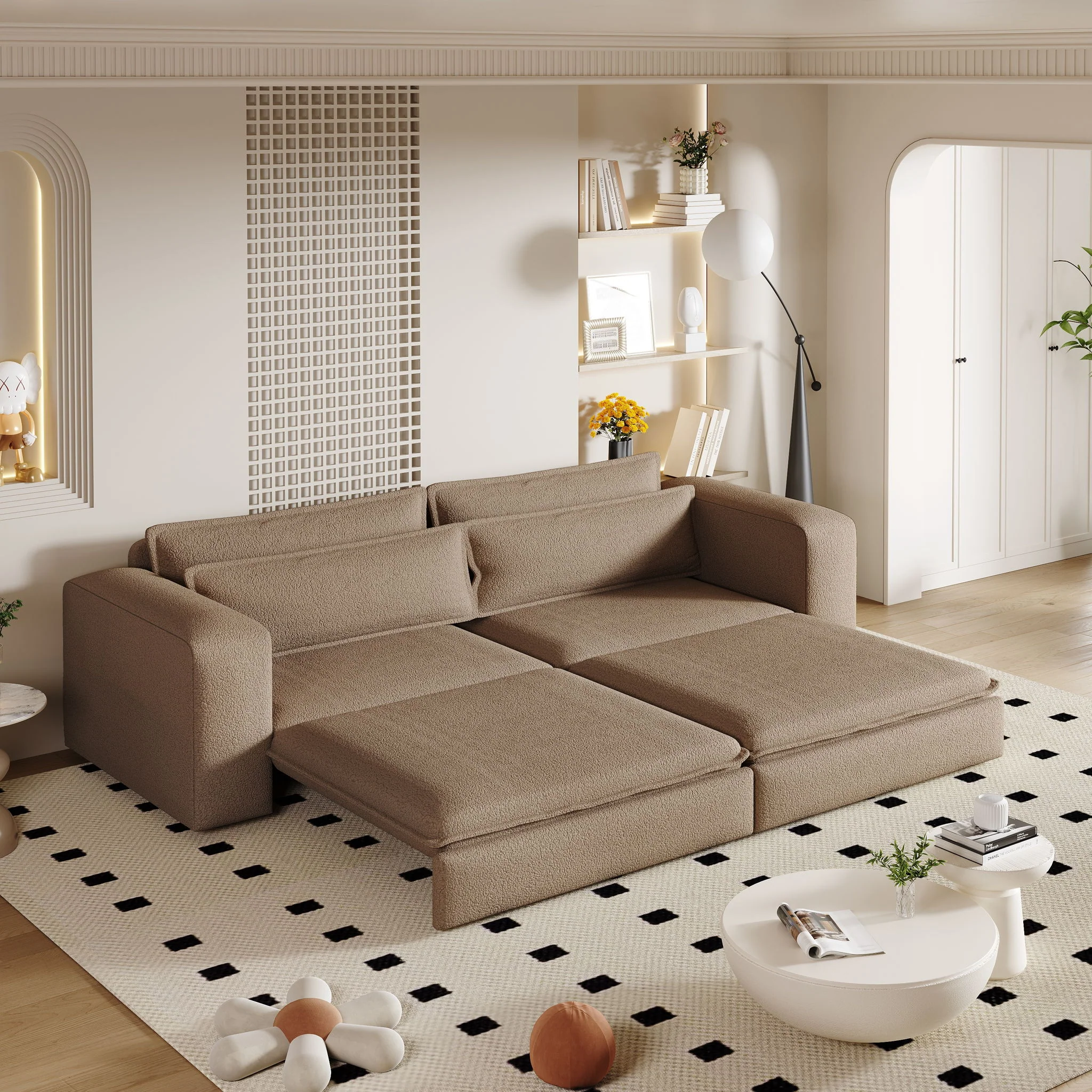 King Size Sleeper Pull Out Sofa Bed, 3 In 1 Convertible Chaise Lounge With 2 Pillows For Living Room - Camel - Image 3