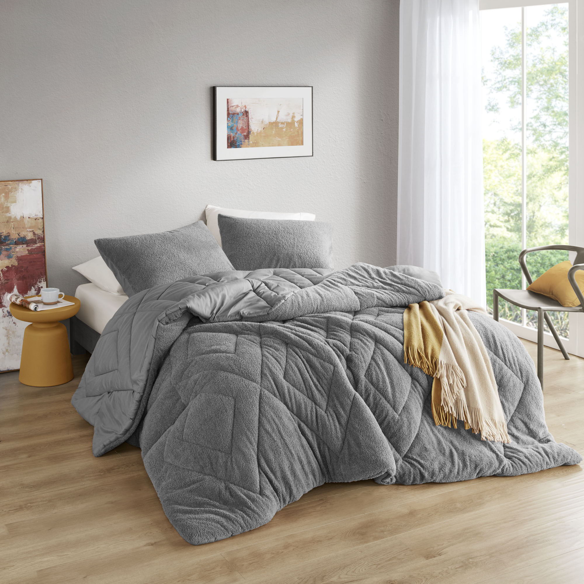 Kyla - Full/Queen Double Diamond Quilted Teddy Comforter Set - Gray - Image 2