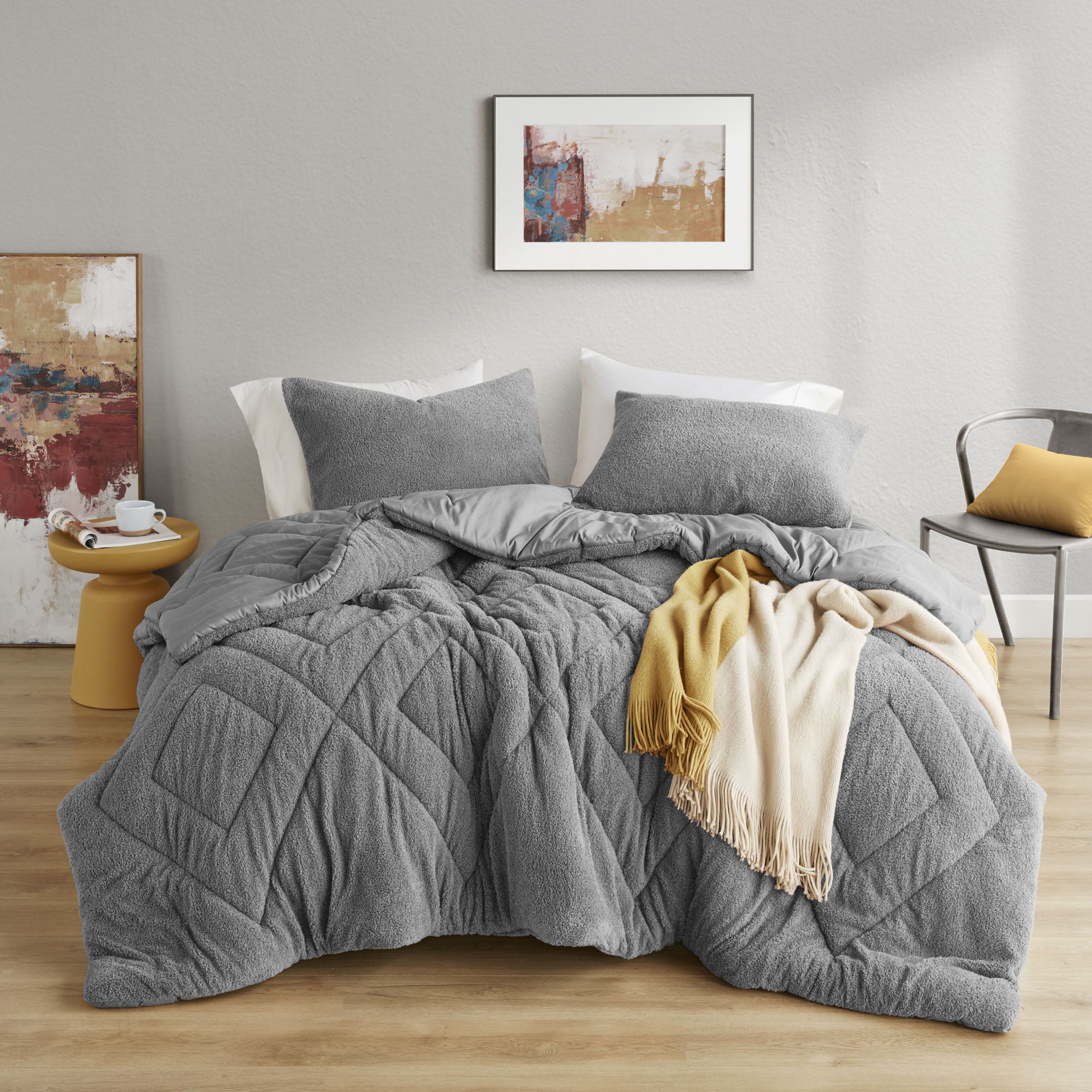 Kyla - Twin/Twin Long Double Diamond Quilted Teddy Comforter Set - Gray