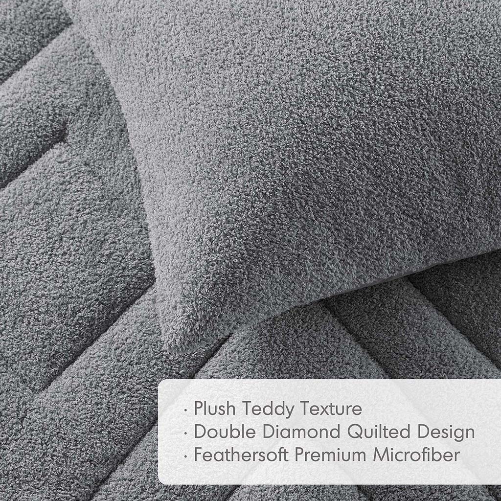 Kyla - Twin/Twin Long Double Diamond Quilted Teddy Comforter Set - Gray - Image 4