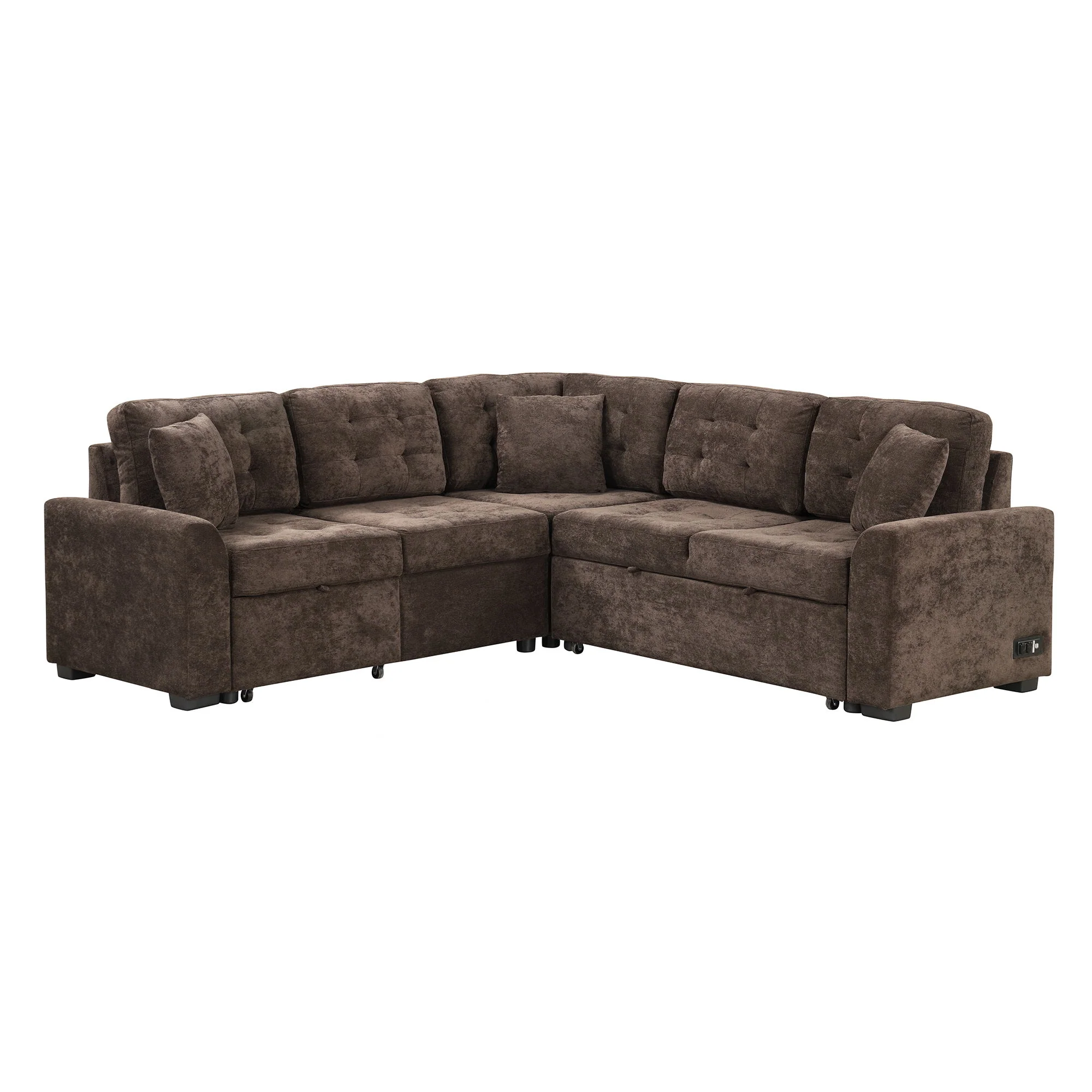 L-Shape Sofa Bed Pull-Out Sleeper Sofa With Wheels, USB Ports, Power Sockets For Living Room - Image 3
