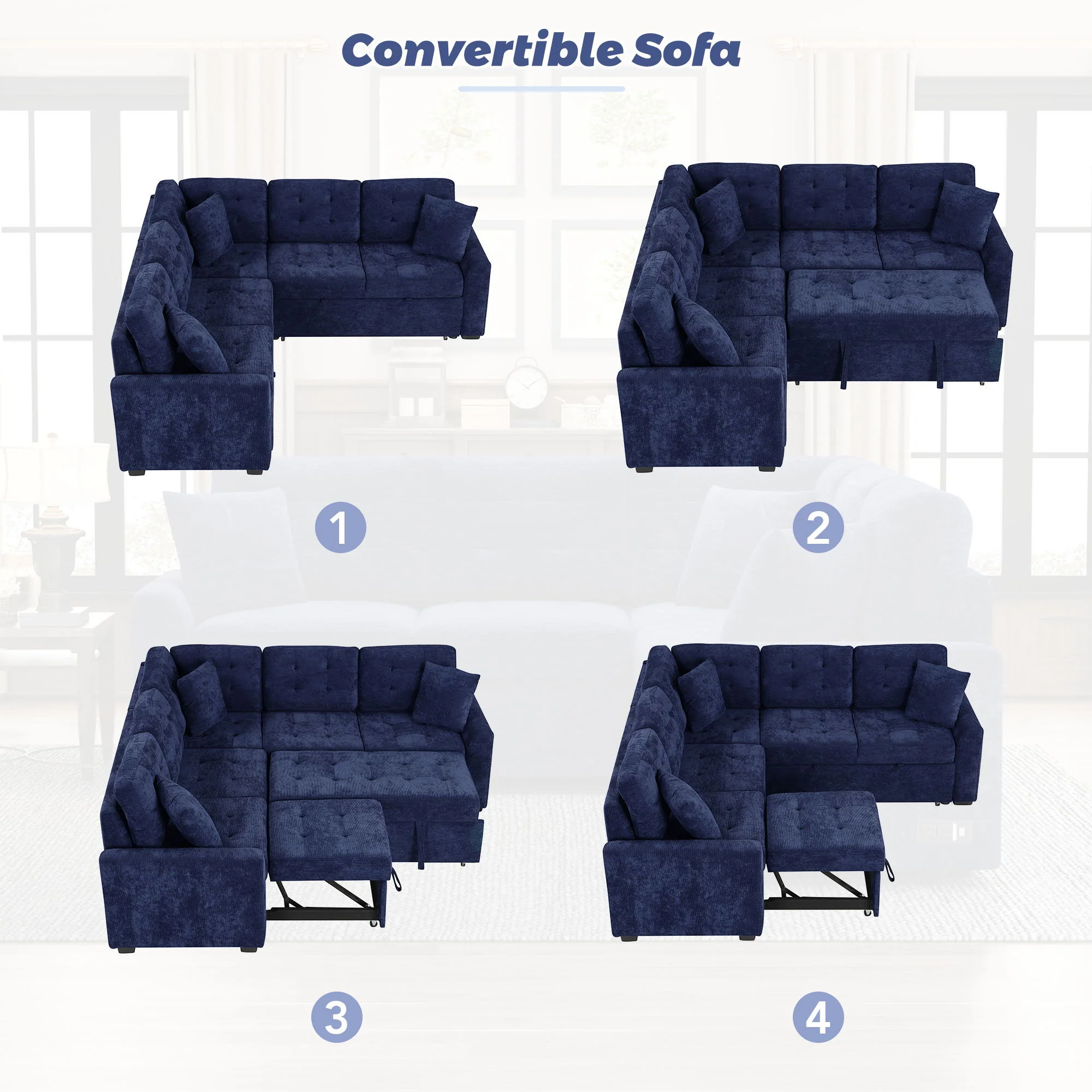 L-Shape Sofa Bed Pull-Out Sleeper Sofa With Wheels, USB Ports, Power Sockets For Living Room - Image 4