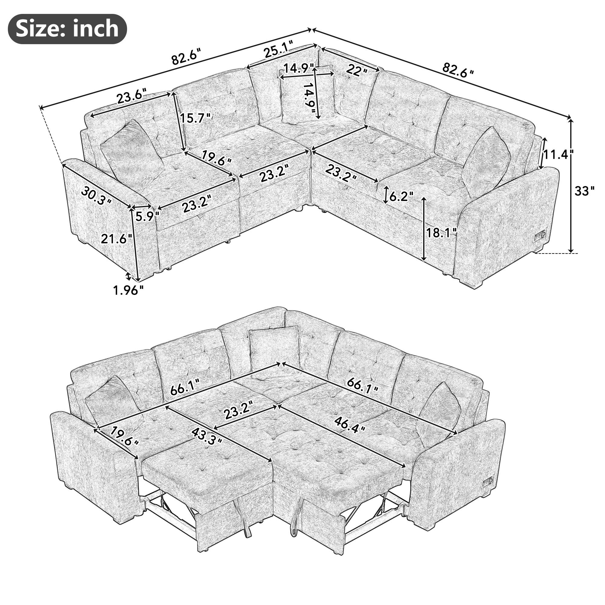 L-Shape Sofa Bed Pull-Out Sleeper Sofa With Wheels, USB Ports, Power Sockets For Living Room - Image 5