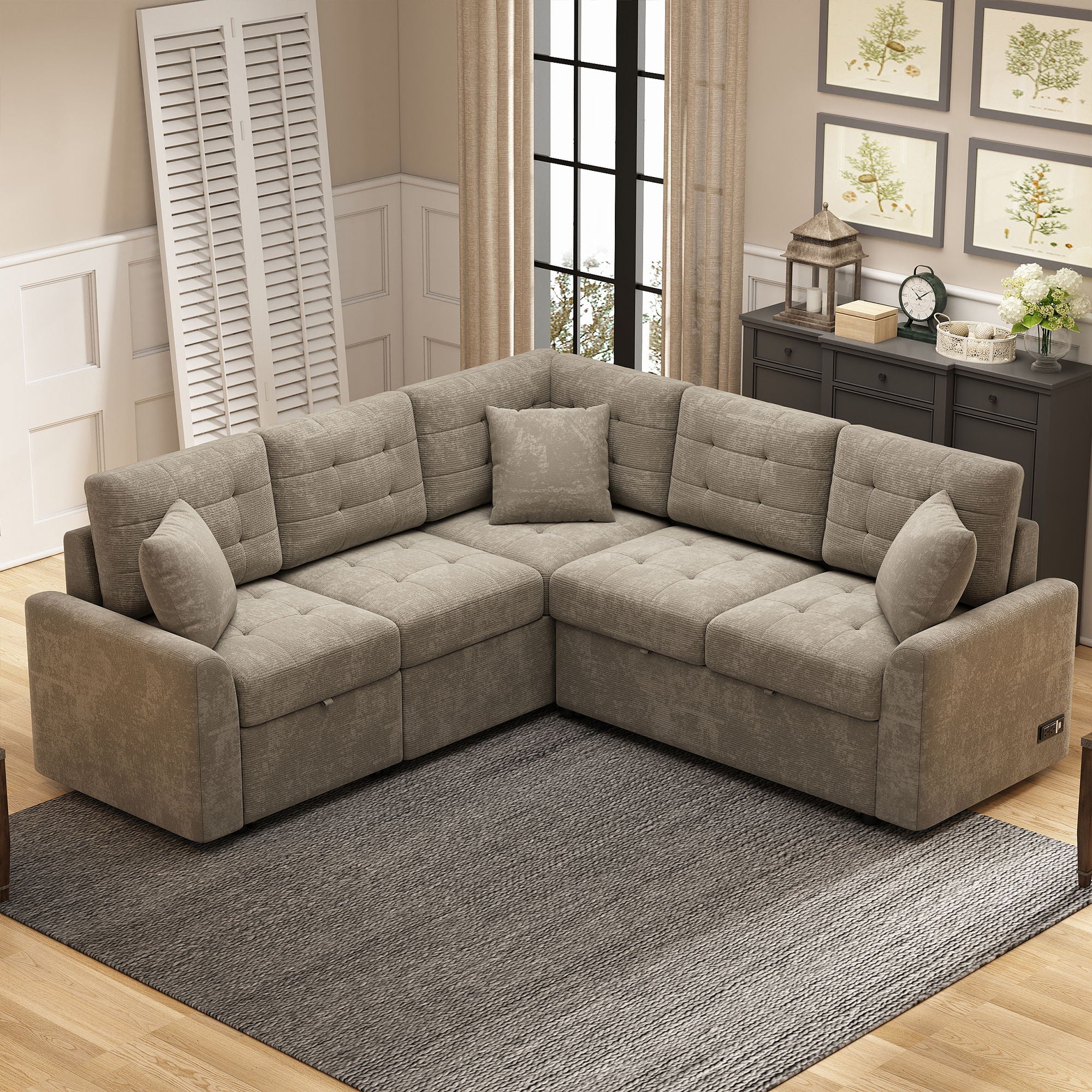 L-Shape Sofa Bed Pull-Out Sleeper Sofa With Wheels, USB Ports, Power Sockets For Living Room - Image 6