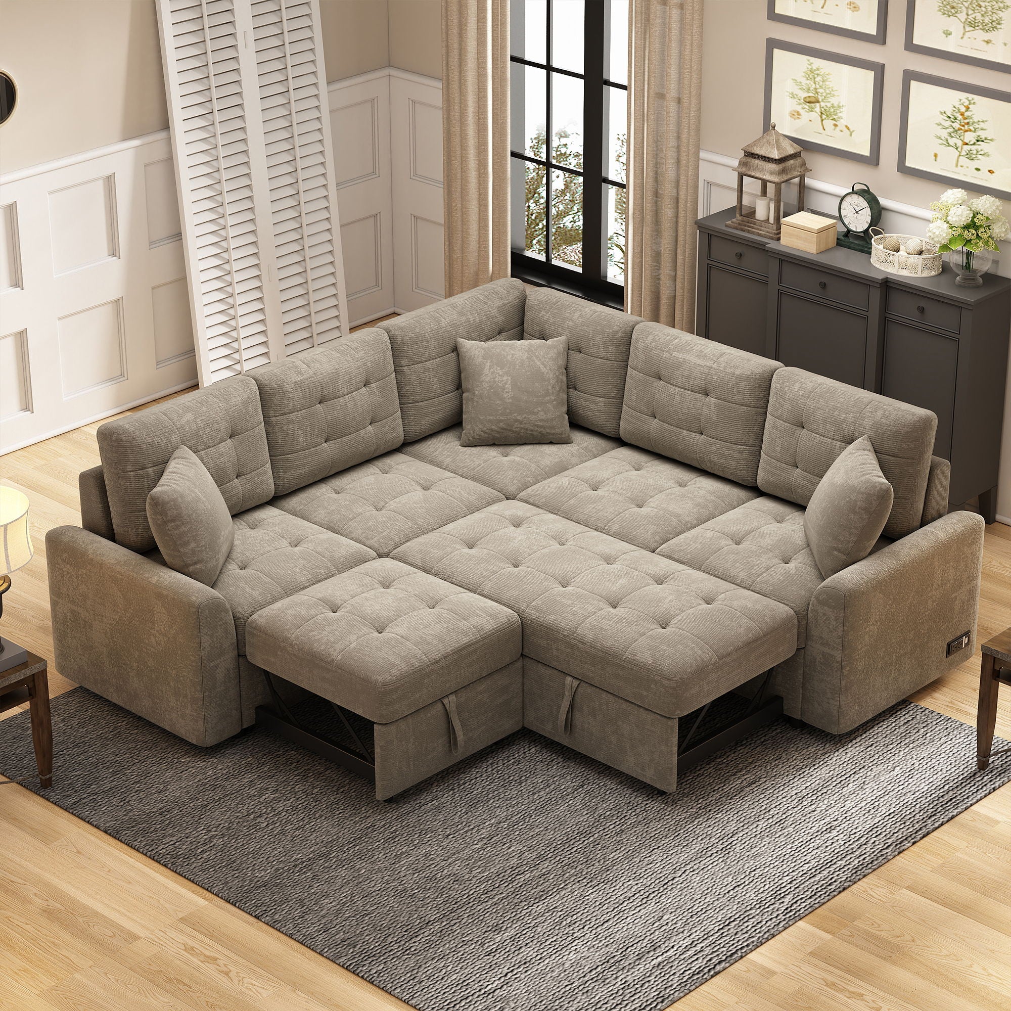 L-Shape Sofa Bed Pull-Out Sleeper Sofa With Wheels, USB Ports, Power Sockets For Living Room - Image 7
