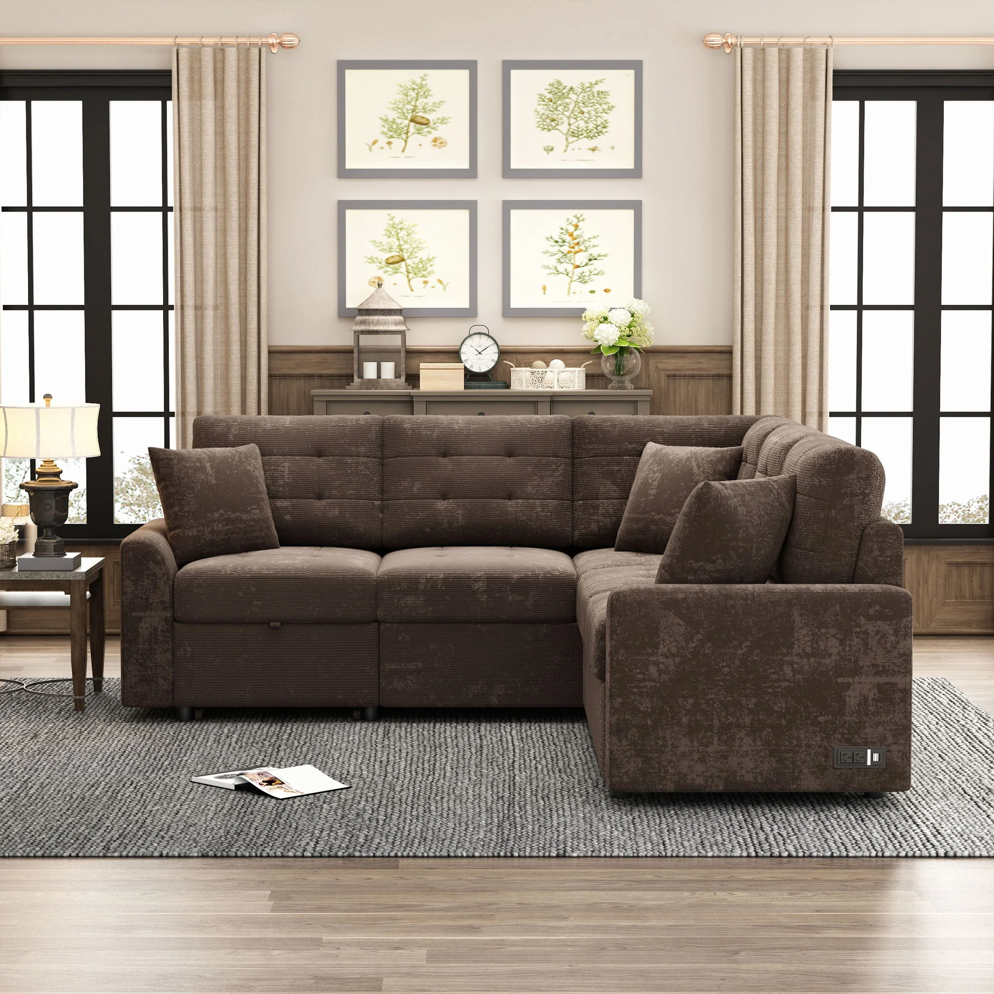 L-Shape Sofa Bed Pull-Out Sleeper Sofa With Wheels, USB Ports, Power Sockets For Living Room - Image 8
