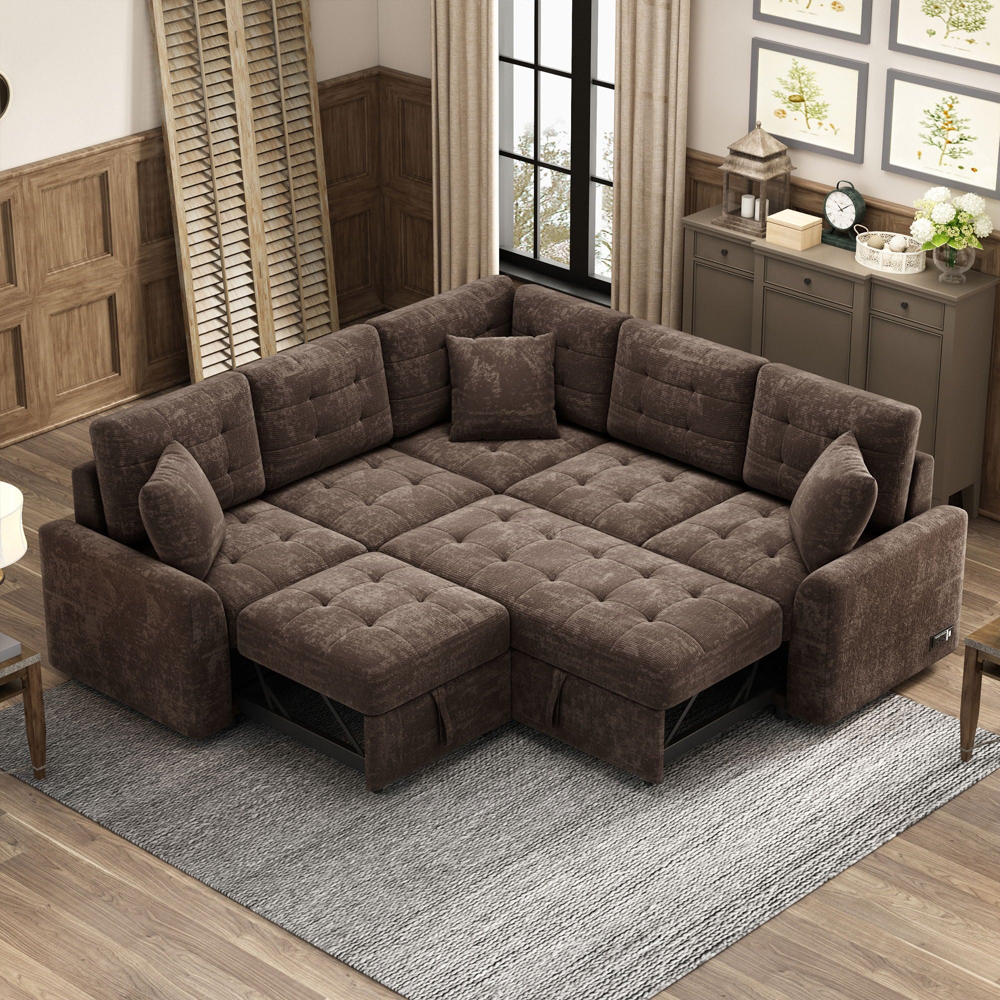 L-Shape Sofa Bed Pull-Out Sleeper Sofa With Wheels, USB Ports, Power Sockets For Living Room - Image 9