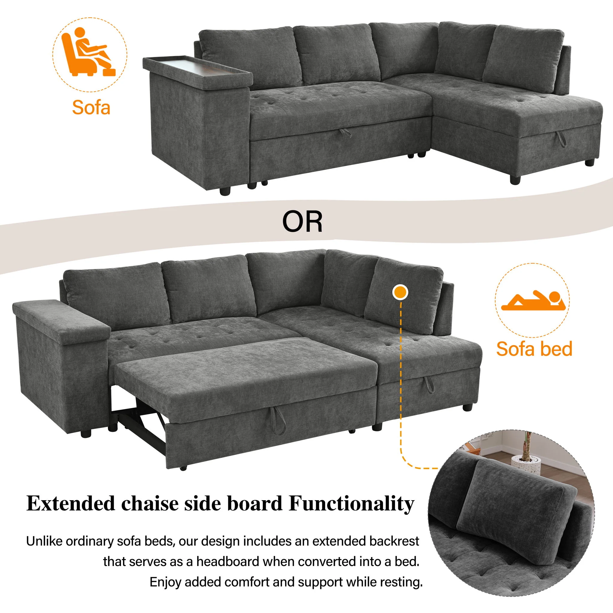 L Shaped Couch With Pull Out Bed And Storage Sectional Sleeper Sofa With Hidden Storage, Wide Armrest With Storage, For Living Room, Apartment, Bedroom, Office - Image 3