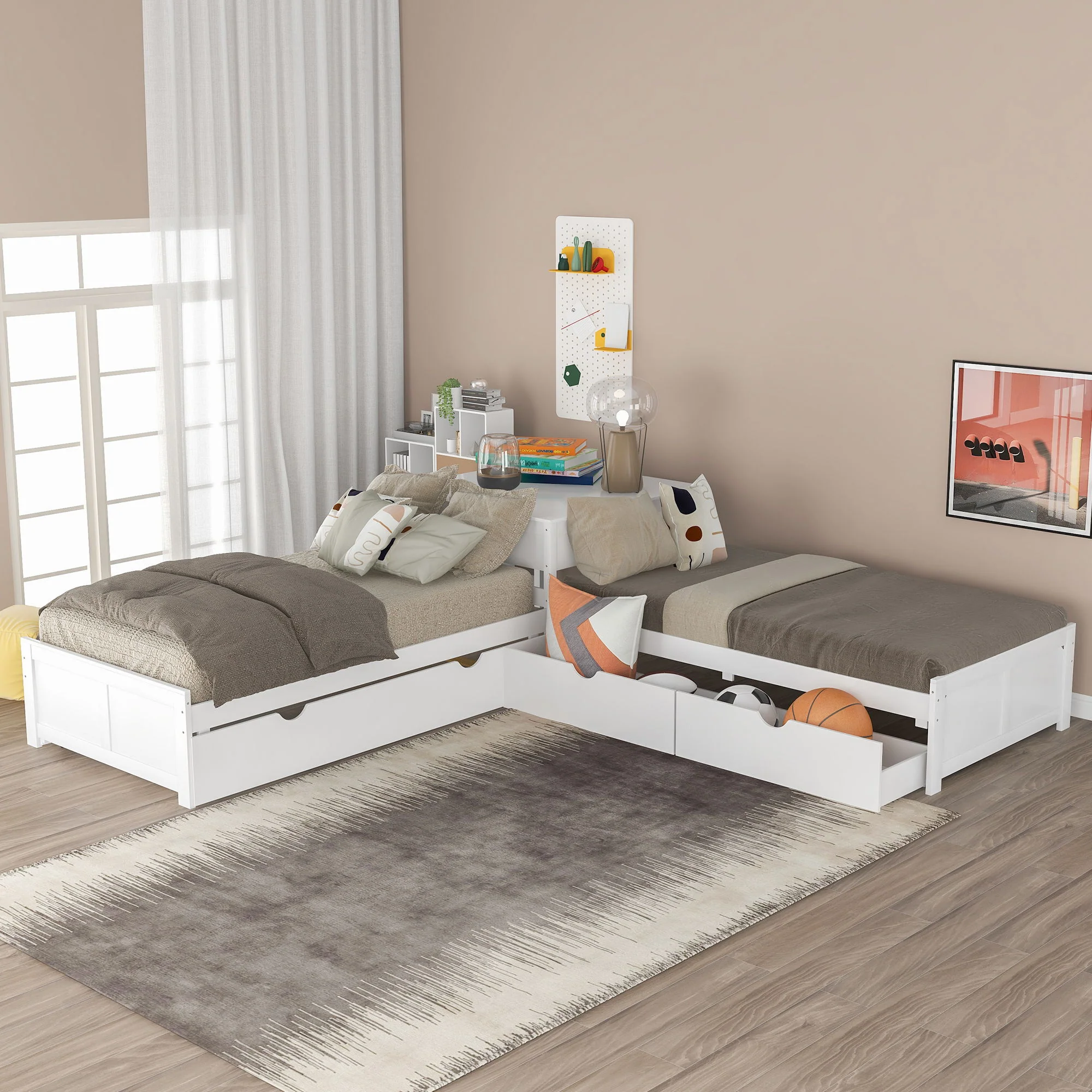 L Shaped Platform Bed With Trundle And Drawers Linked With Built In Desk - Image 6