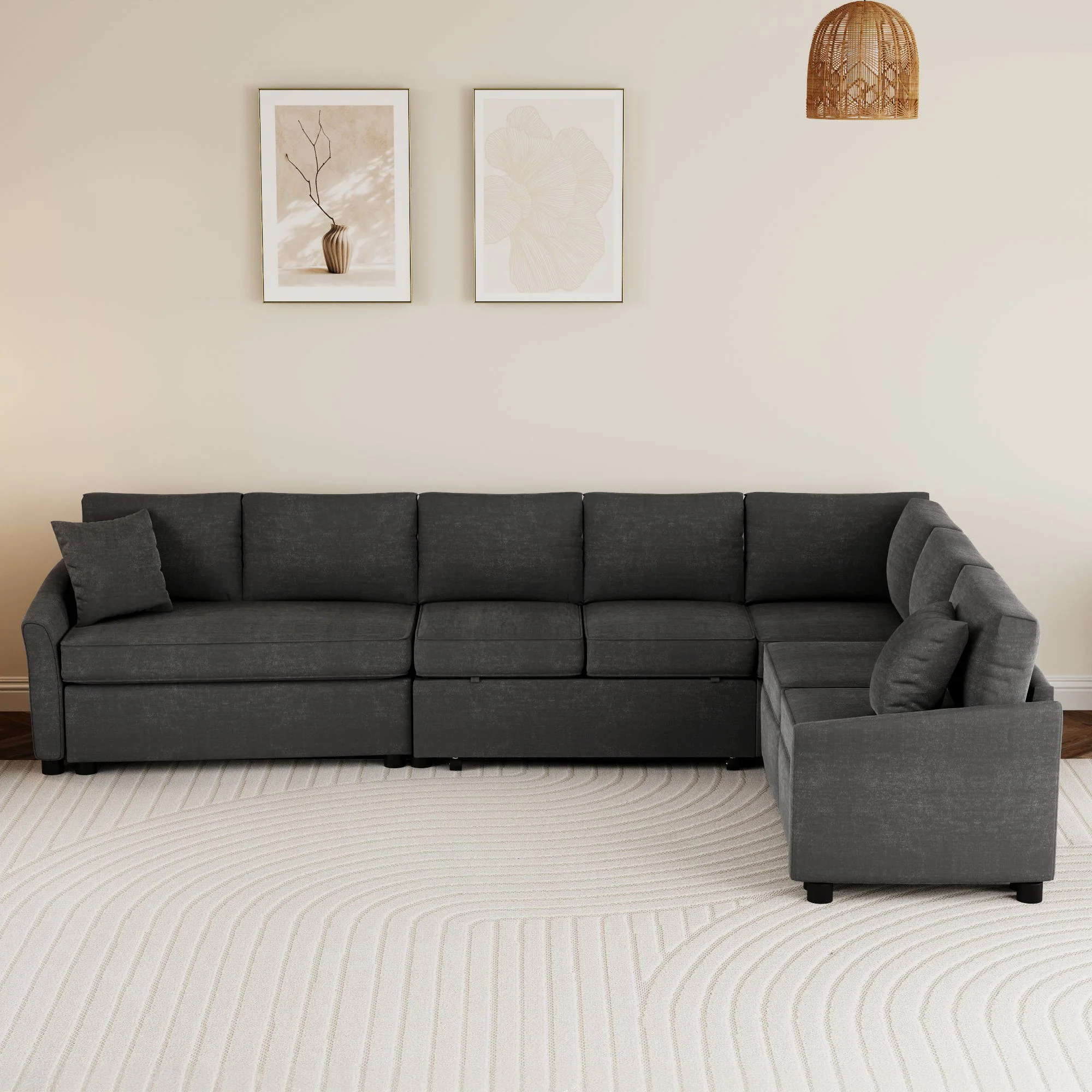 L-Shaped Sofa Convertible Sofa Bed Pull Out Sofa Sleeper With Two Back Pillows, Two USB Ports And Two Power Sockets For Living Room - Image 5