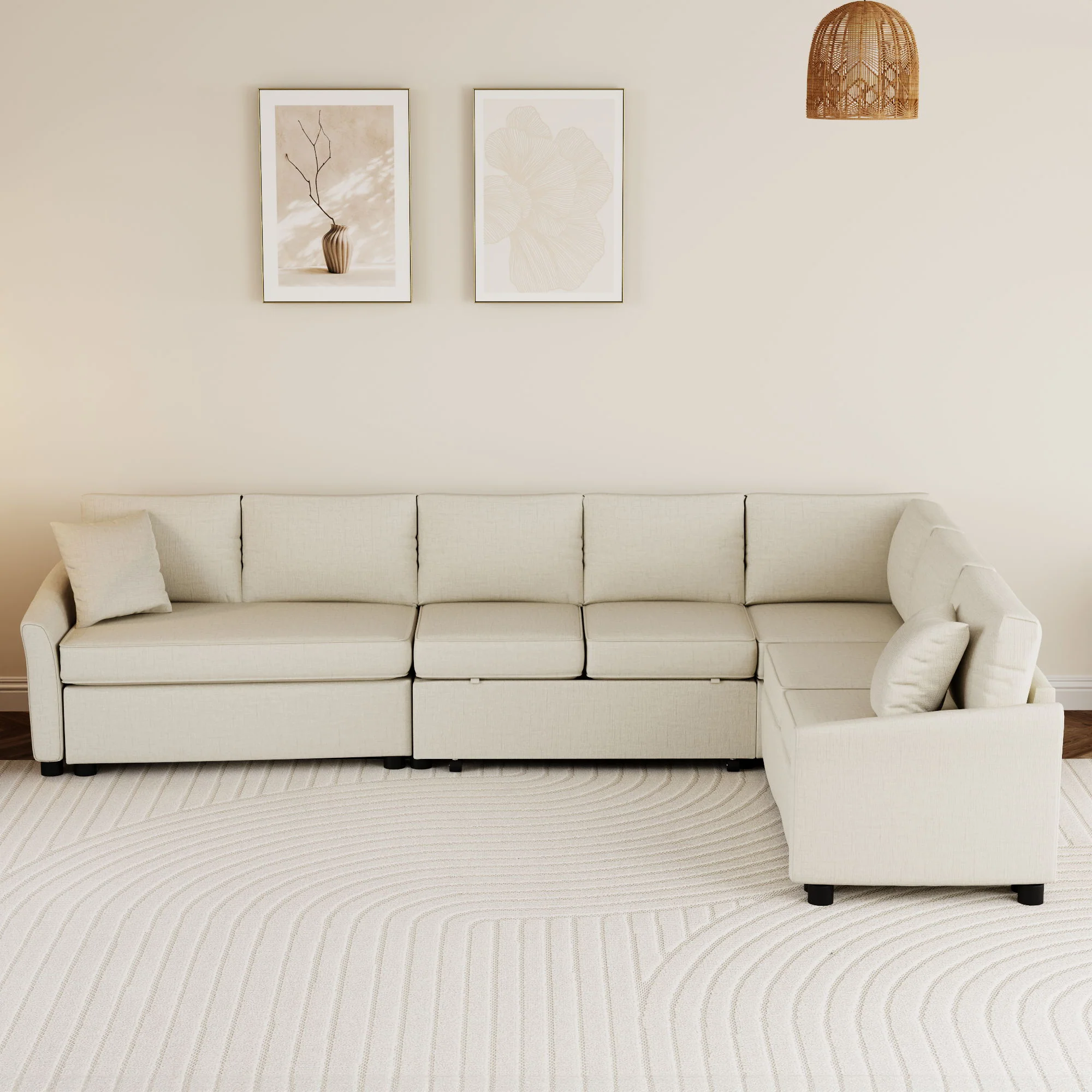 L-Shaped Sofa Convertible Sofa Bed Pull Out Sofa Sleeper With Two Back Pillows, Two USB Ports And Two Power Sockets For Living Room - Image 6