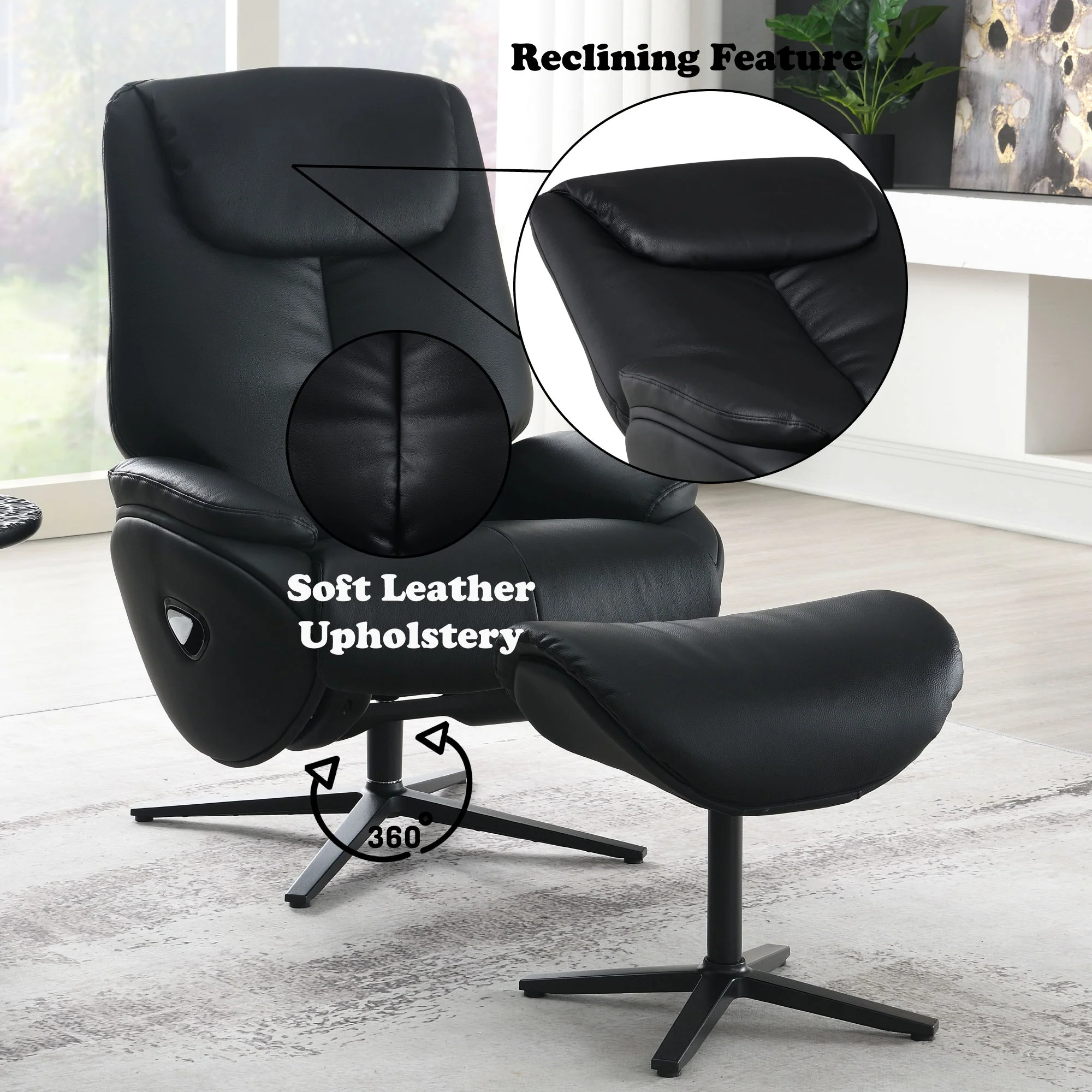 Labotina - Top Grain Leather Accent Chair With Swivel & Ottoman - Black - Image 3