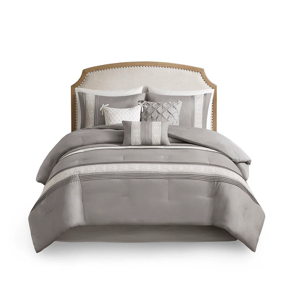 Lacey - 7 Piece Lace Trim Comforter Set With Throw Pillows - Gray - Image 3