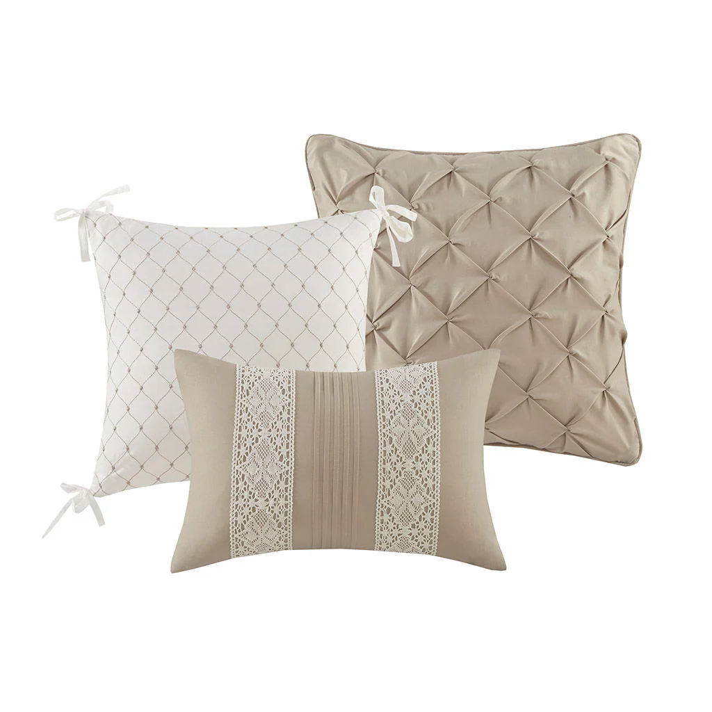 Lacey - 7 Piece Microfiber Lace Trim Comforter Set With Throw Pillows - Taupe - Image 3