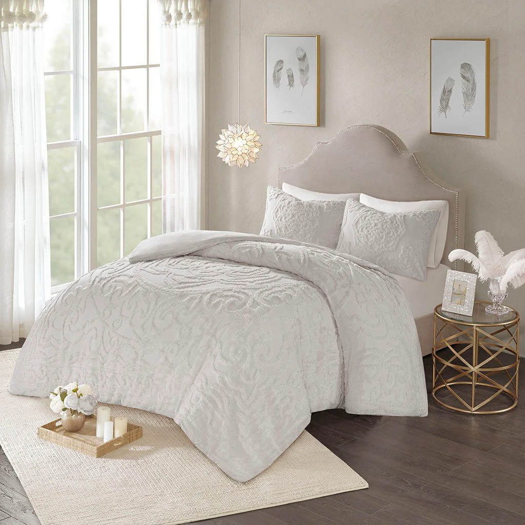Laetitia - King 3 Piece Tufted Medallion Duvet Cover Set - Gray - Image 3