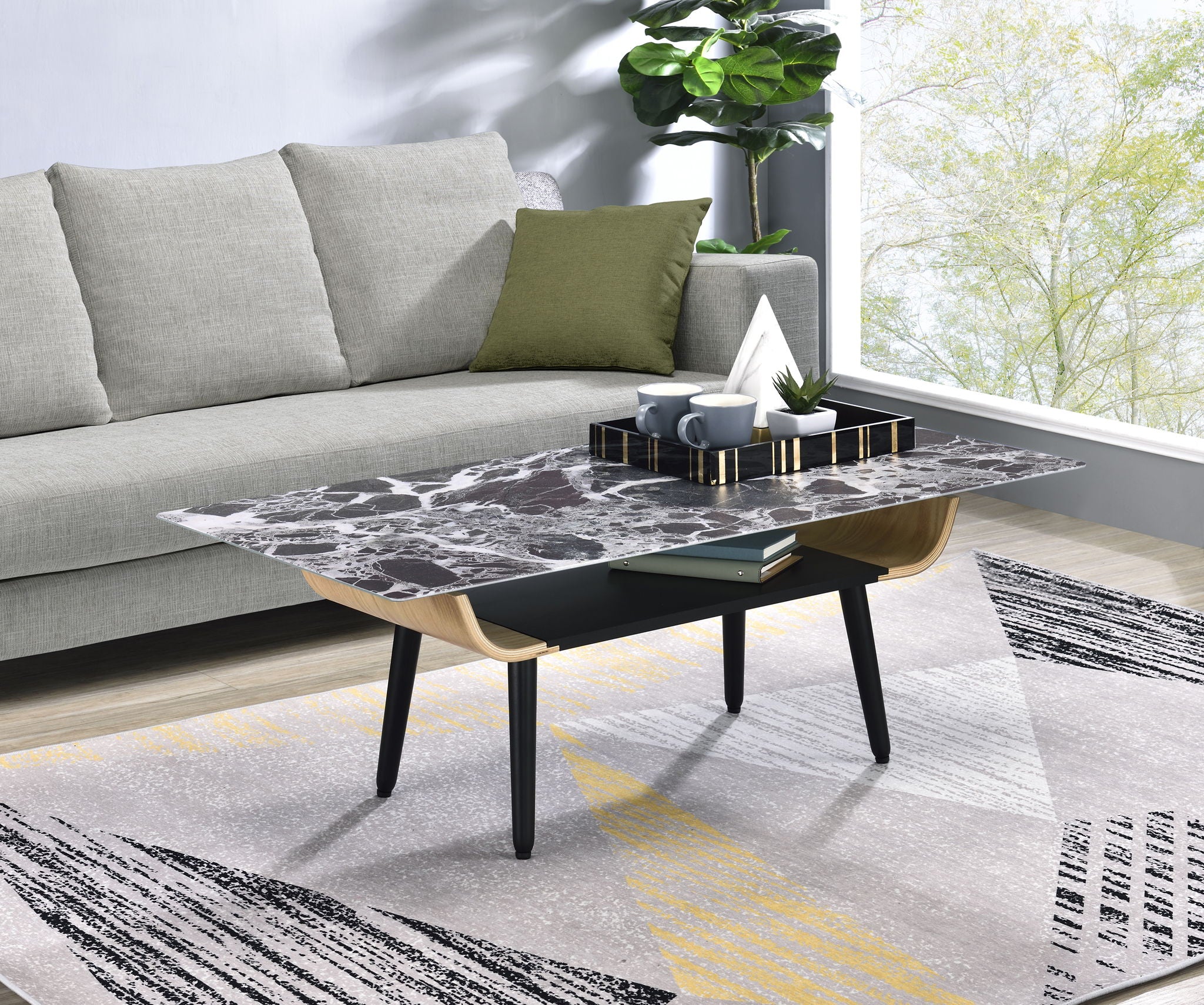 Landon - Coffee Table With Glass Marble Texture Top And Bent Wood Design - Image 2