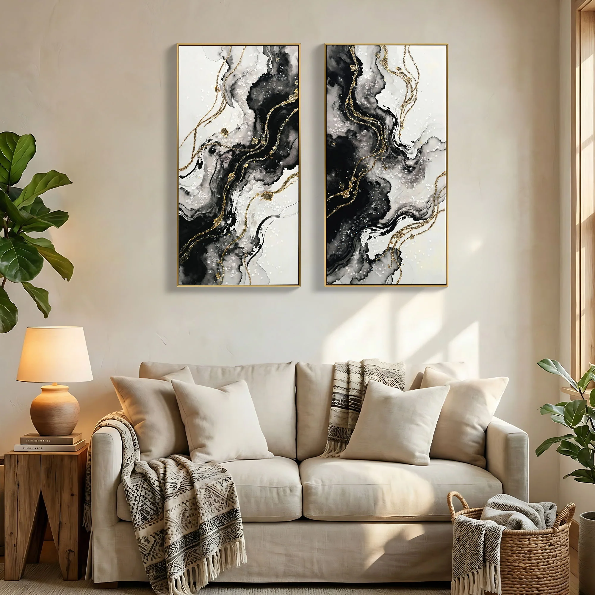 Large Framed And Abstract Wall Art, Minimalist Canvas Prints (Set of 2) - White / Black - Image 3