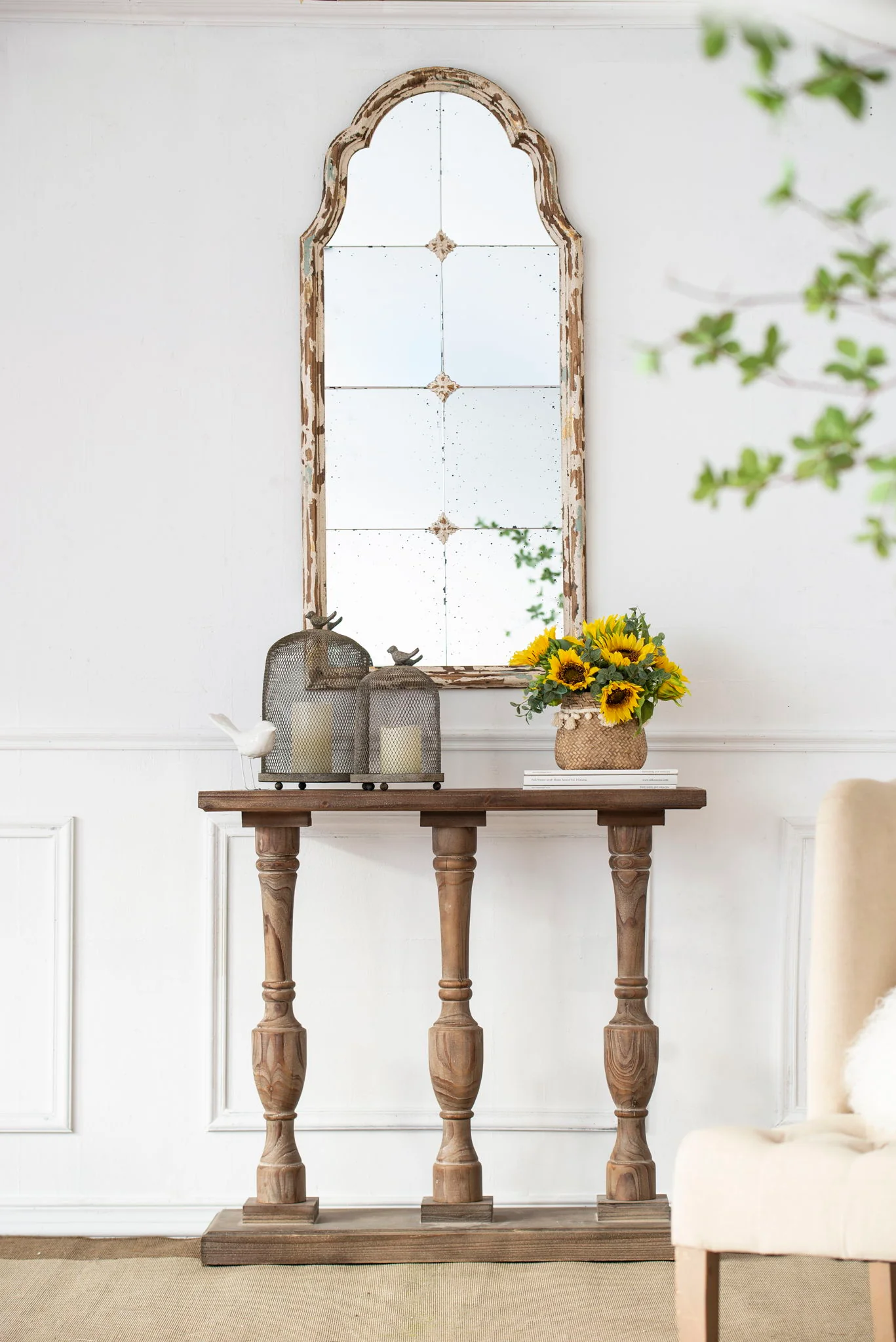 Large & Framed Wall Mirror, Arched Mirror With Decorative Window Look For Living Room - Cream - Image 2
