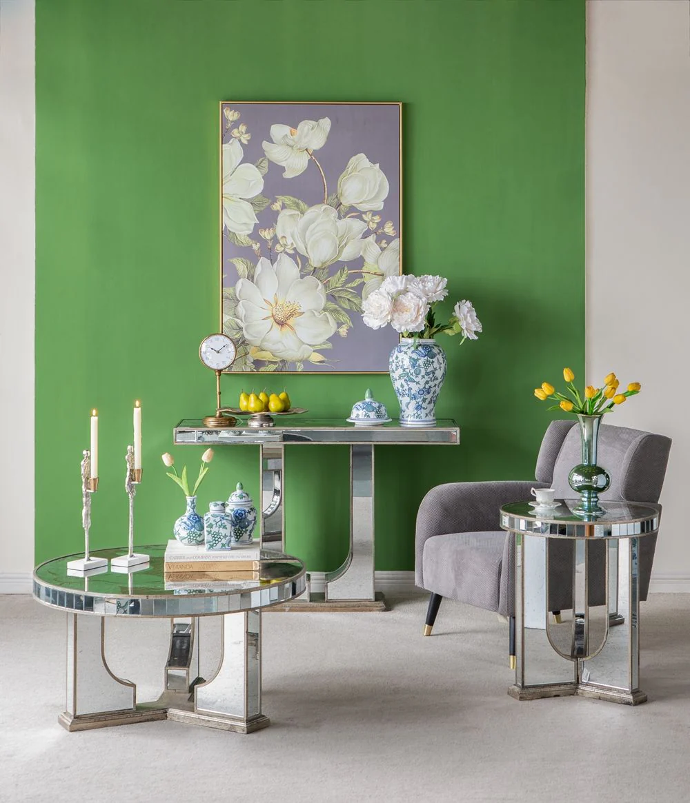 Large Mirrored Dining Table With Elegant Floral Design And - Silver Multi - Image 2