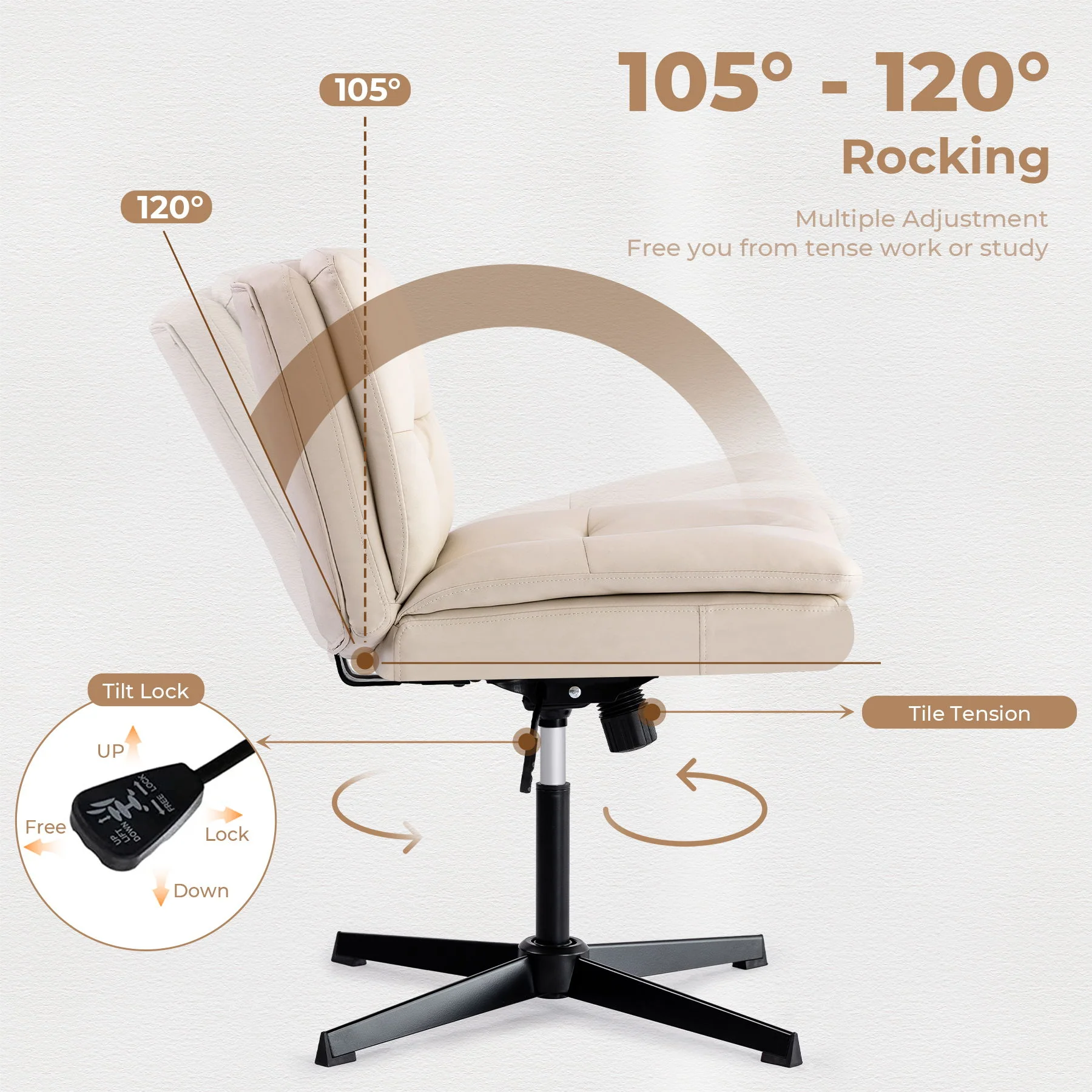 Large Size Armless Home Office Desk Chair Vanity Chair No Wheels - Beige - Image 4