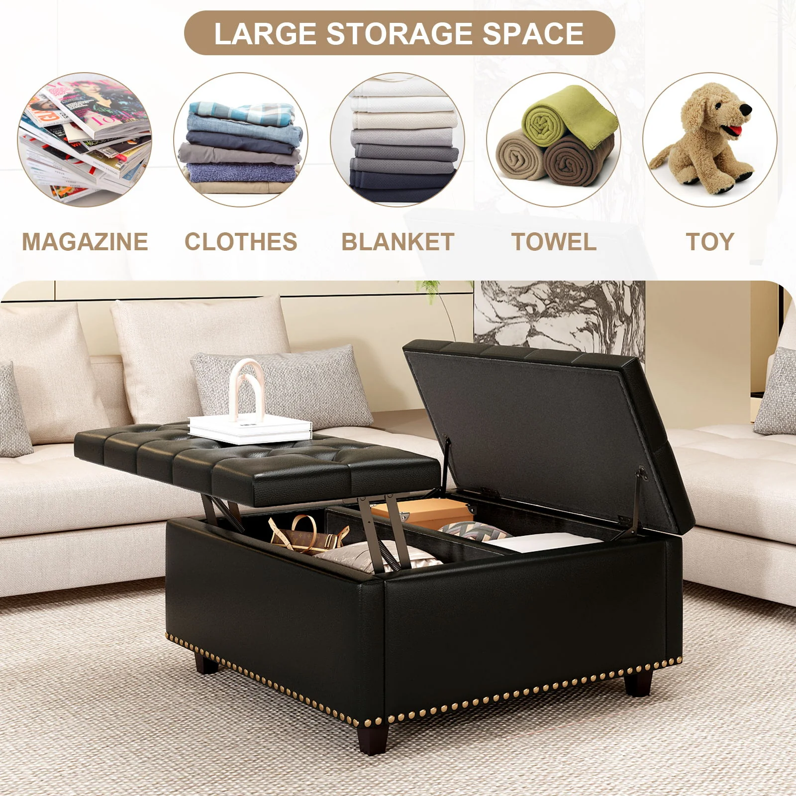 Large Square Storage Ottoman With 2 Storage Doors - Image 8