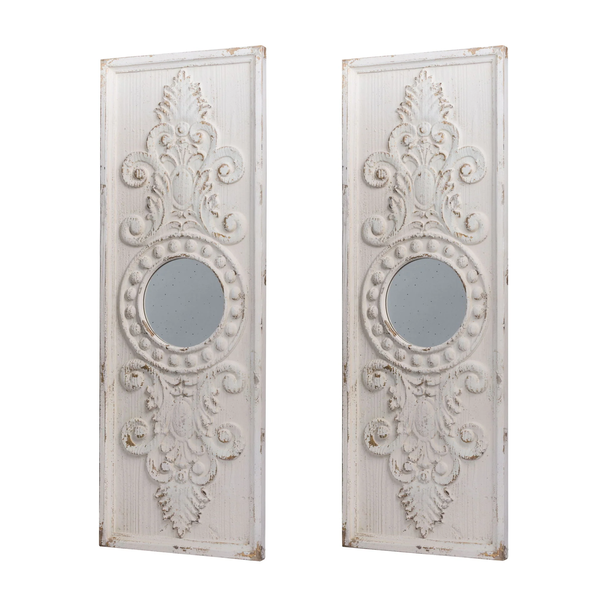 Large Wooden Wall Art Panels With Distressed Round Mirror Accents (Set of 2) - White - Image 2