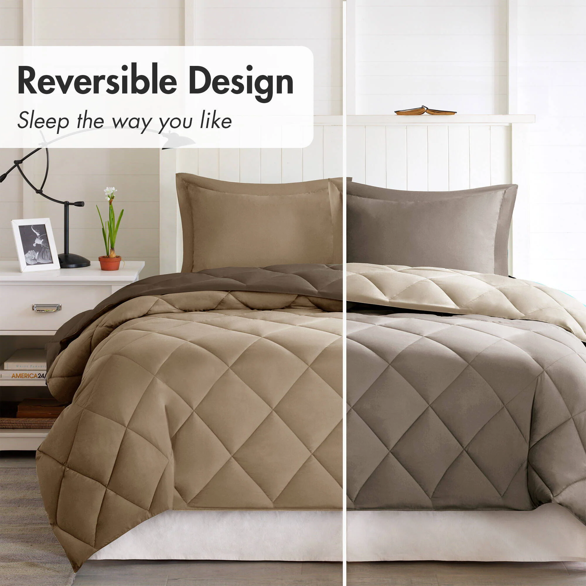 Larkspur - 3M Scotchgard Diamond Quilting Reversible Down Alternative Comforter Set - Brown / Sand - Image 4