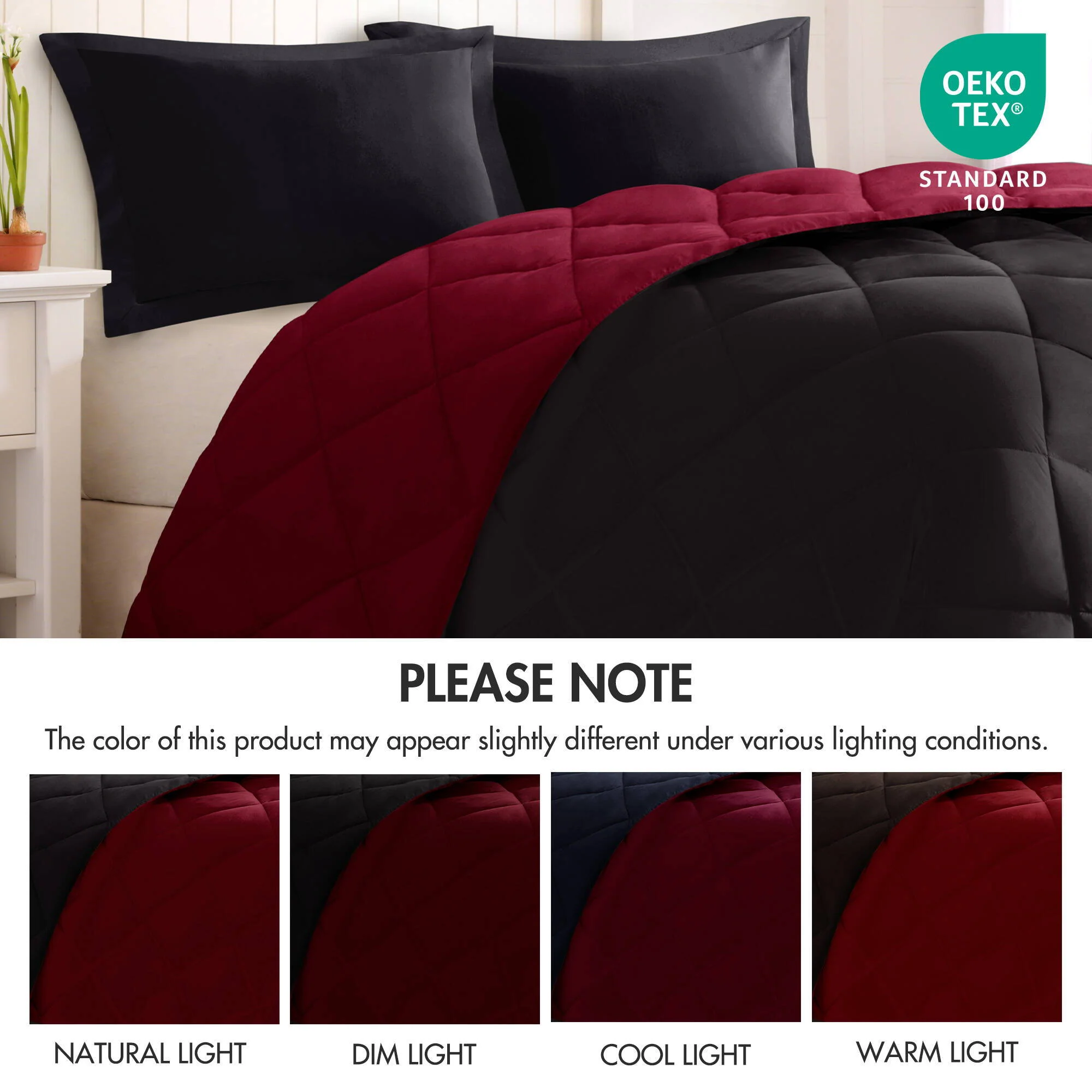 Larkspur - Full/Queen 3M Scotchgard Diamond Quilting Reversible Down Alternative Comforter Set - Red/Black - Image 2