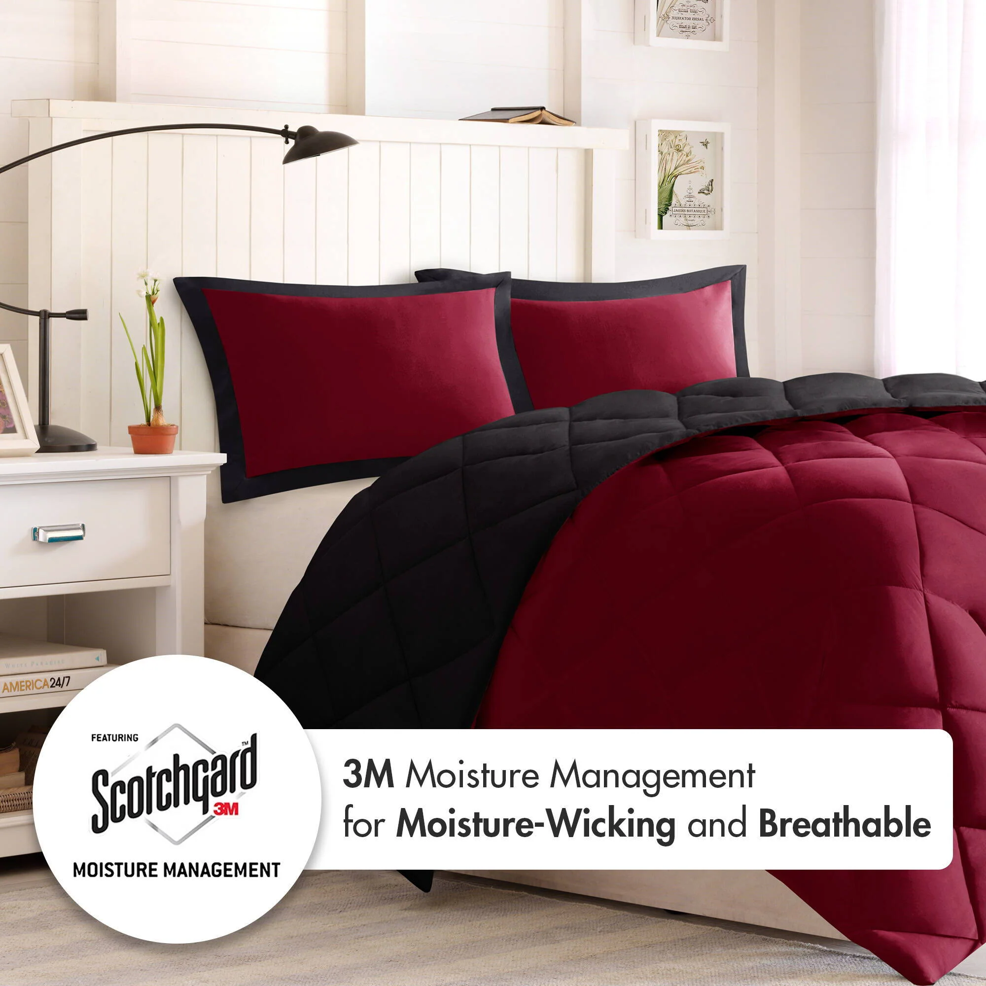 Larkspur - Full/Queen 3M Scotchgard Diamond Quilting Reversible Down Alternative Comforter Set - Red/Black - Image 3