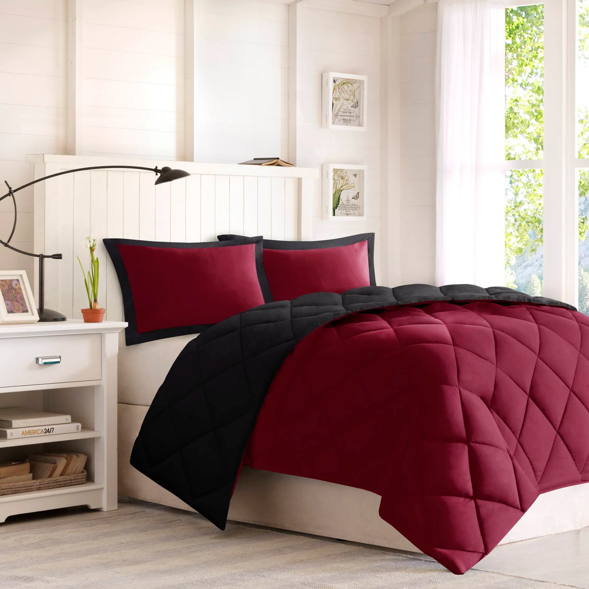 Larkspur - Full/Queen 3M Scotchgard Diamond Quilting Reversible Down Alternative Comforter Set - Red/Black - Image 4