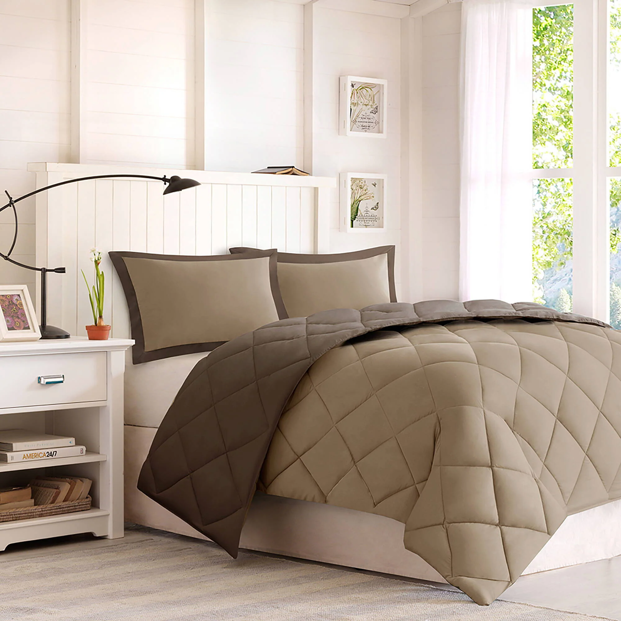 Larkspur - King 3M Scotchgard Diamond Quilting Reversible Down Alternative Comforter Set - Brown / Sand - Image 2