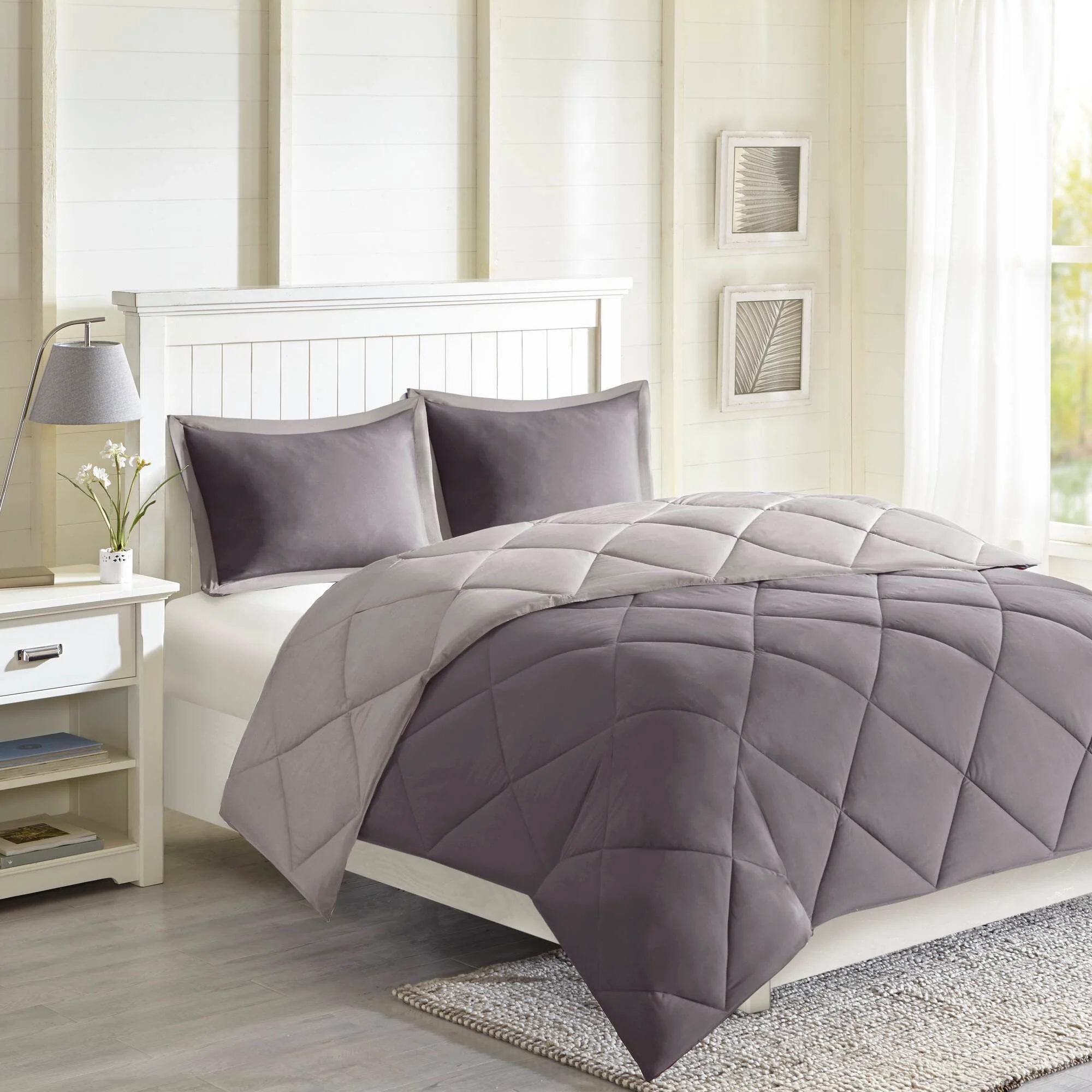 Larkspur - King 3M Scotchgard Diamond Quilting Reversible Down Alternative Comforter Set - Charcoal / Gray - Image 2