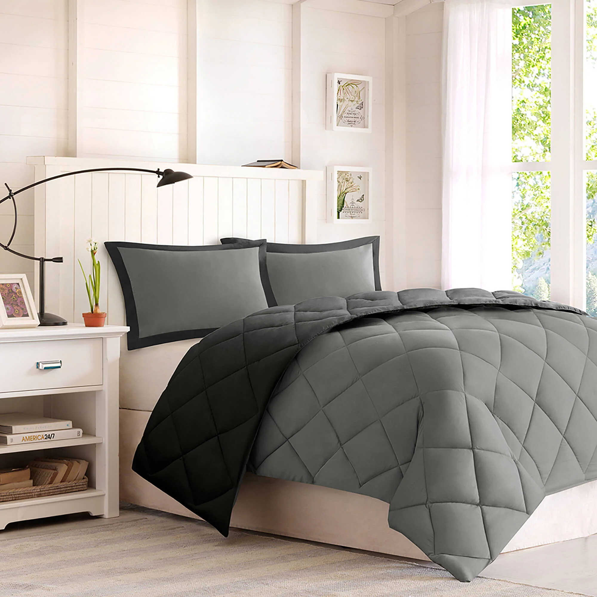 Larkspur - Twin 3M Scotchgard Diamond Quilting Reversible Down Alternative Comforter Set - Black / Gray - Image 3