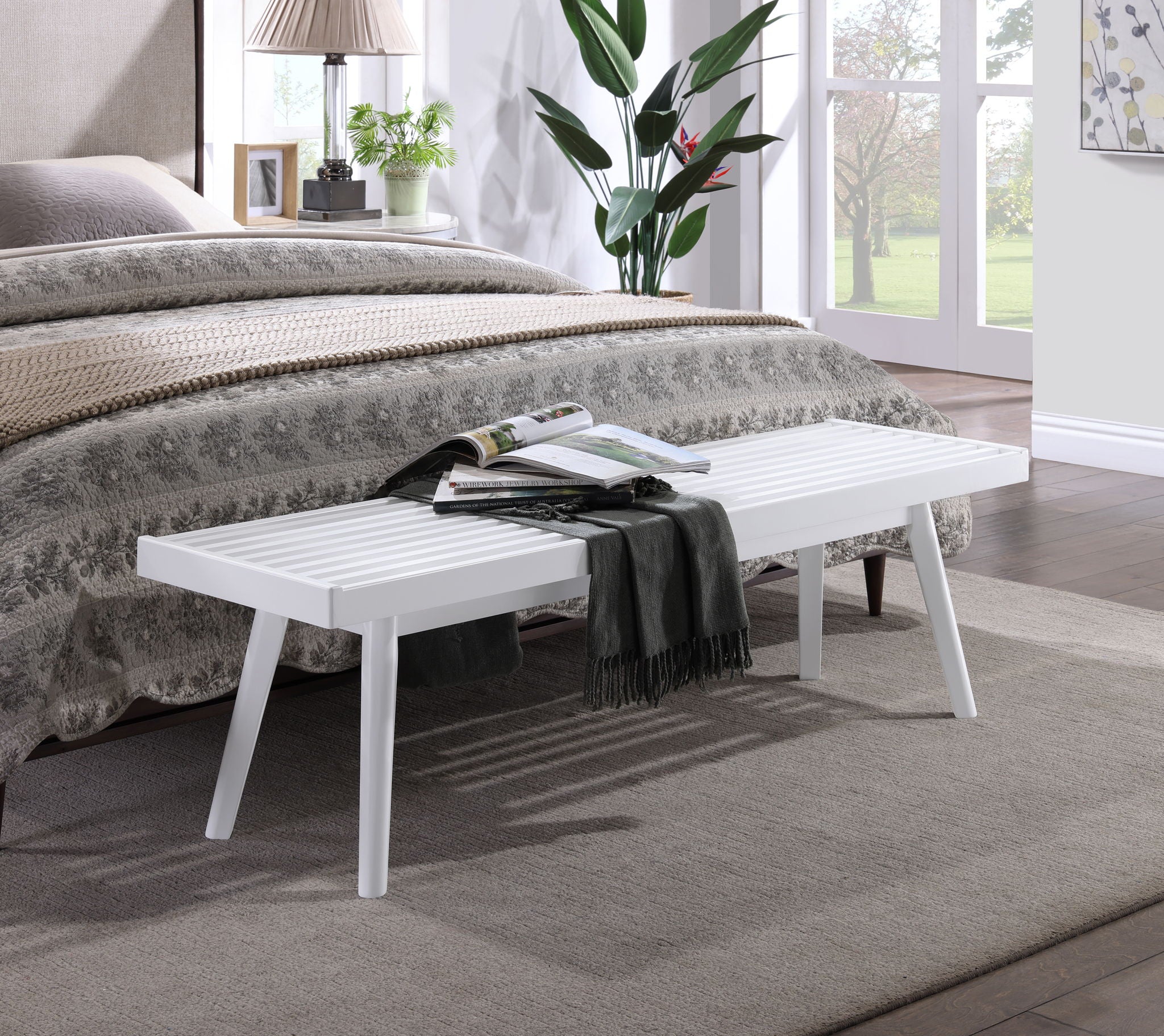 Larwich - Solid Wood Slatted Bench - White - Image 4