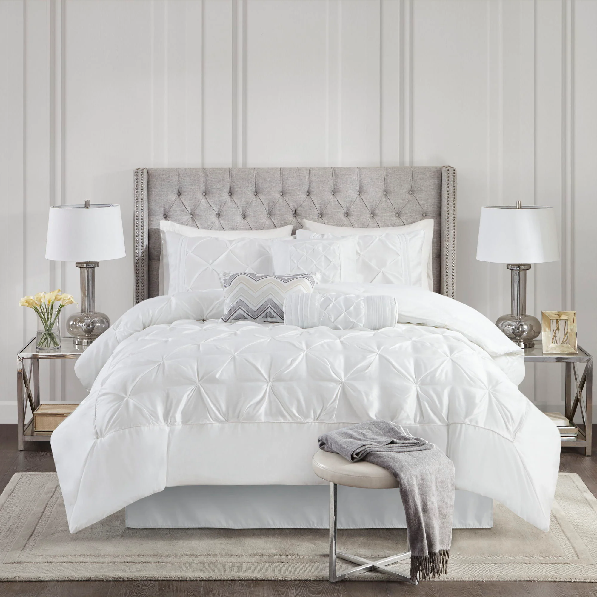 Laurel - King Pieced Pleated 7 Piece Tufted Comforter Set - White