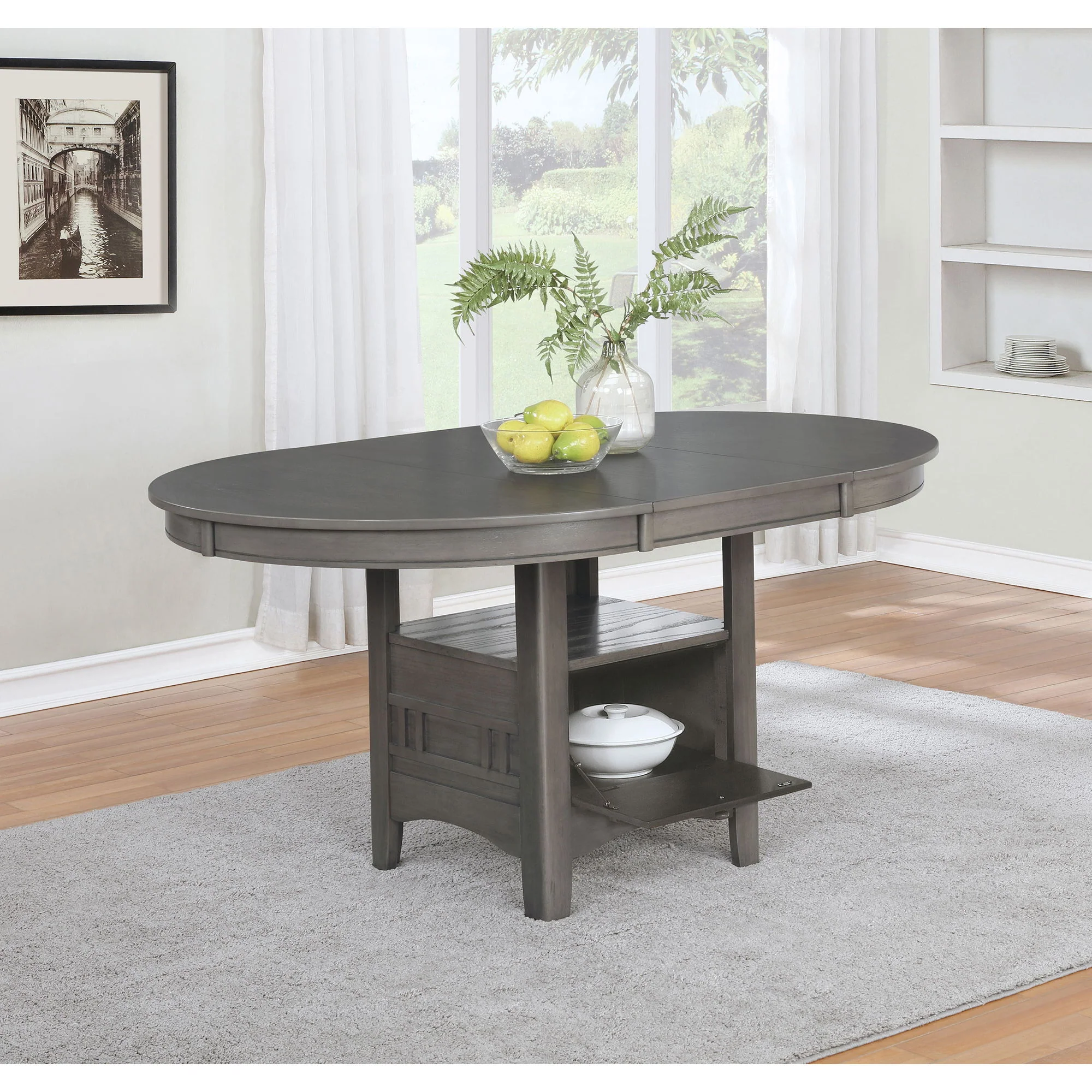 Lavon - Oval Extension Leaf Dining Table With Built In Storage - Gray - Image 4