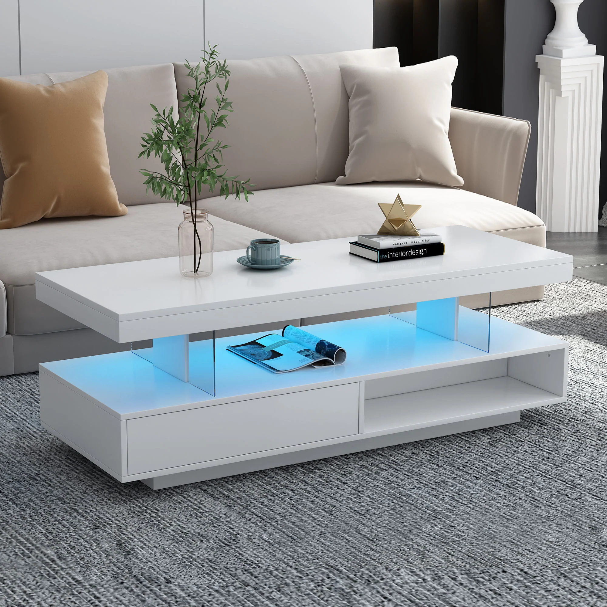 LED Coffee Table With 2 Drawers And Display Shelves - Image 2