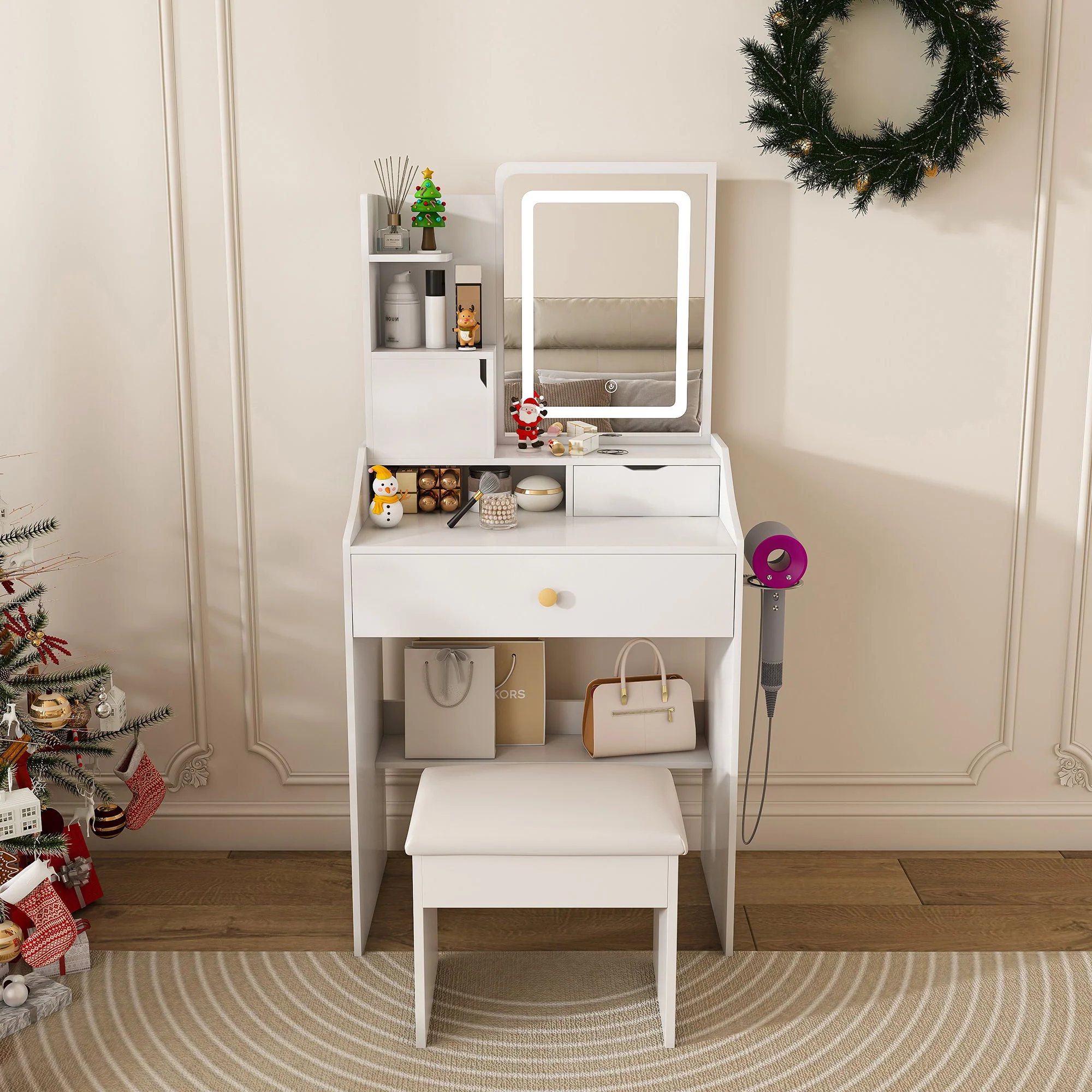 LED Vanity Mirror With Stool, 2 Drawers & 5 Storage Cabinets, Adjustable Lighting Mdf Dressing Table For Bedroom - White - Image 4